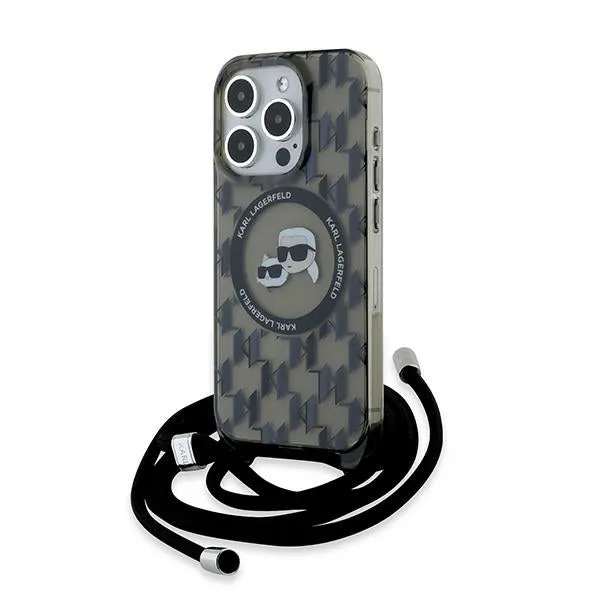 Custodia MagSafe per Apple iPhone 15 Pro, Karl Lagerfeld, IML Crossbody Monogram Karl & Choupette's Heads, Nera - immagine 1