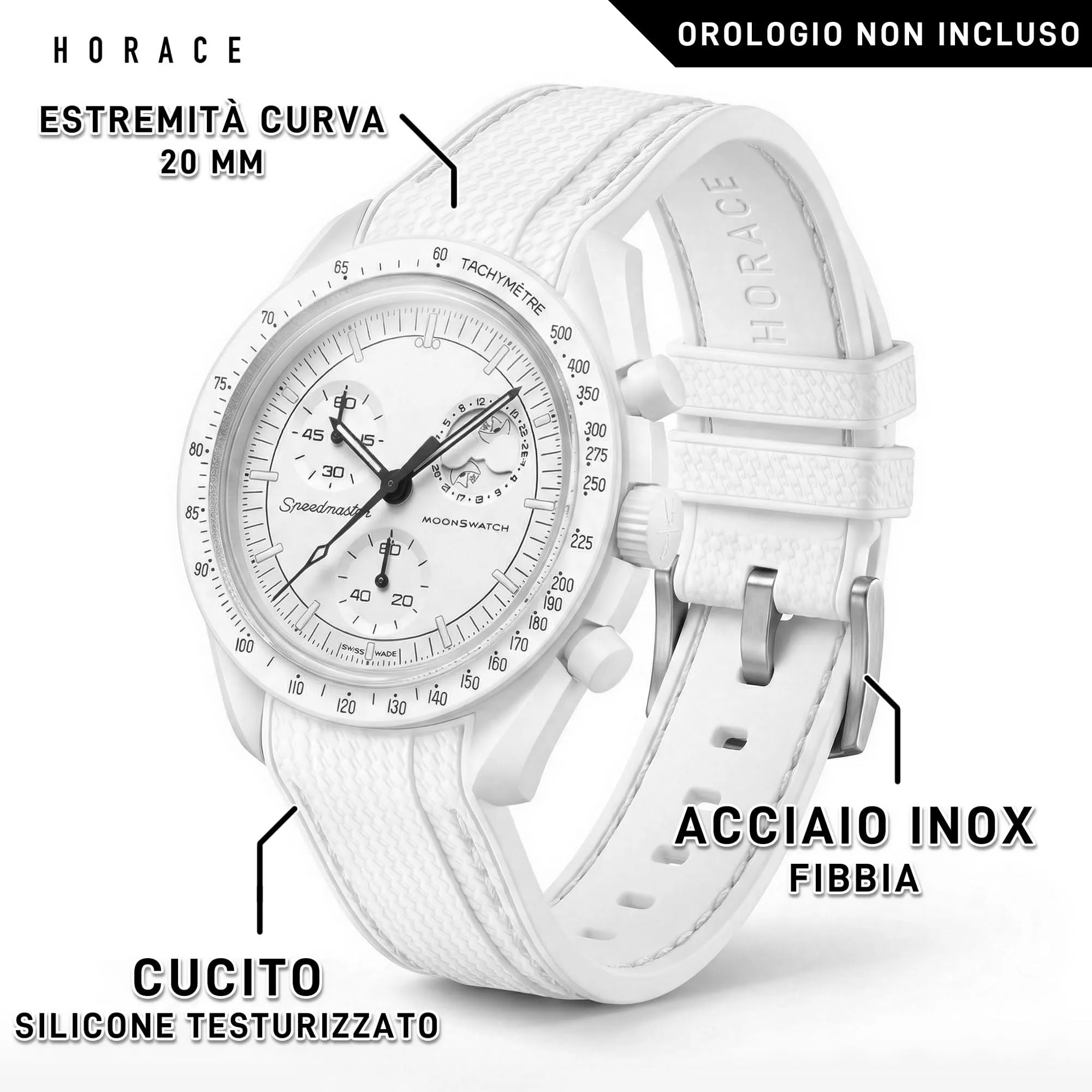 HORACE Cinturino universale per orologio in silicone liquido 20mm – Compatibile Omega x Swatch MoonSwatch – Kit di montaggio incluso (Bianche/Cuciture Bianche) - immagine 2