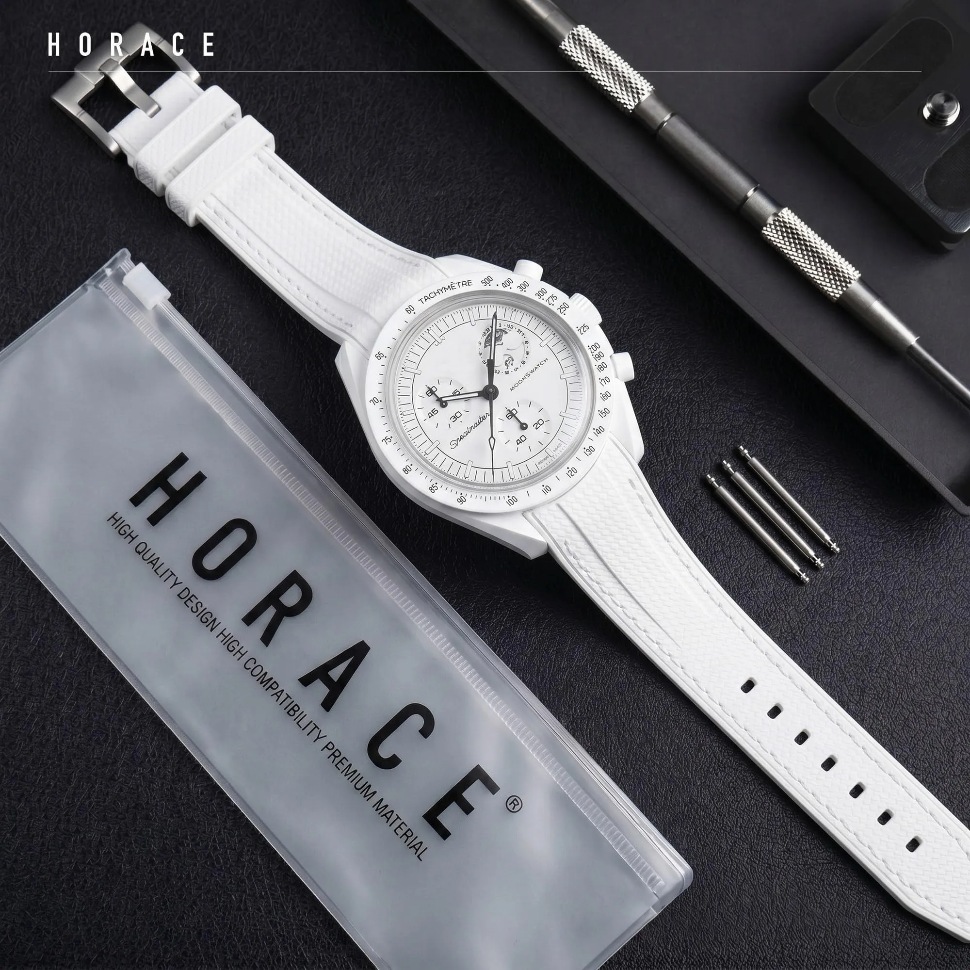 HORACE Cinturino universale per orologio in silicone liquido 20mm – Compatibile Omega x Swatch MoonSwatch – Kit di montaggio incluso (Bianche/Cuciture Bianche) - immagine 3