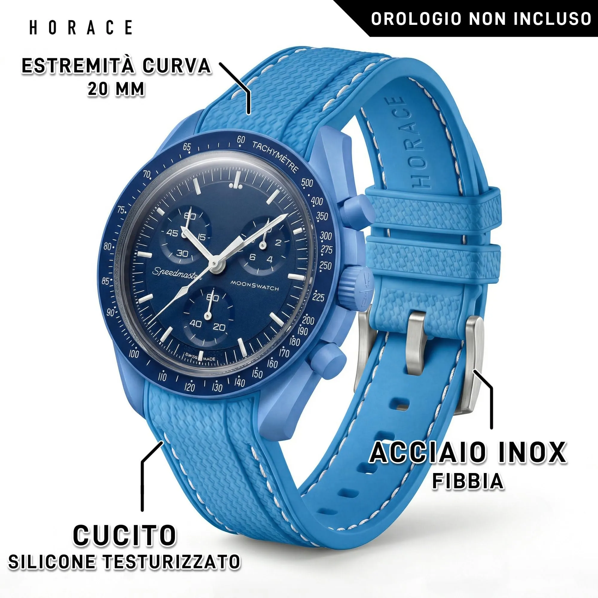 HORACE Cinturino universale per orologio in silicone liquido 20mm – Compatibile Omega x Swatch MoonSwatch – Kit di montaggio incluso (Blu Neptune/Cuciture Bianche) - immagine 2