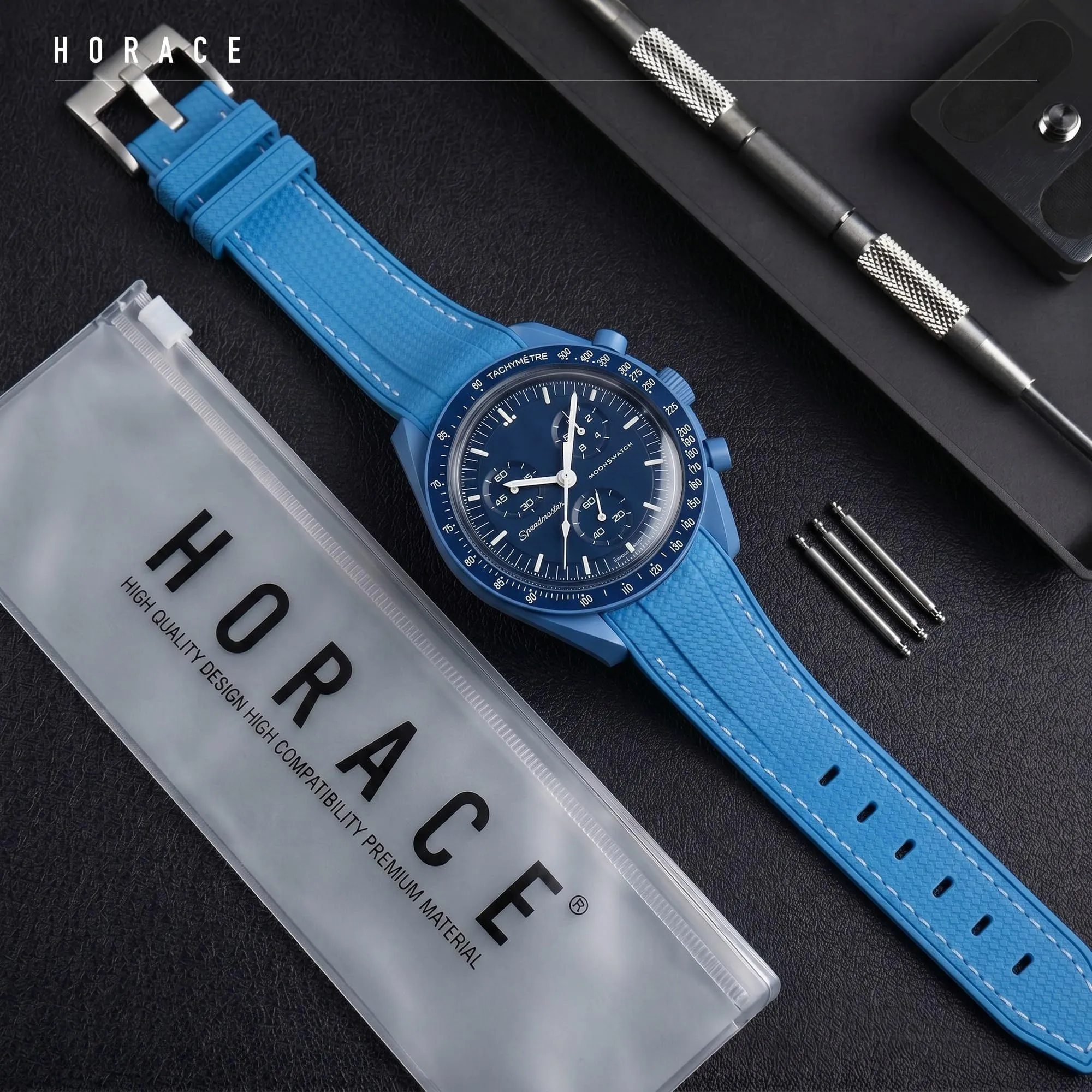 HORACE Cinturino universale per orologio in silicone liquido 20mm – Compatibile Omega x Swatch MoonSwatch – Kit di montaggio incluso (Blu Neptune/Cuciture Bianche) - immagine 3