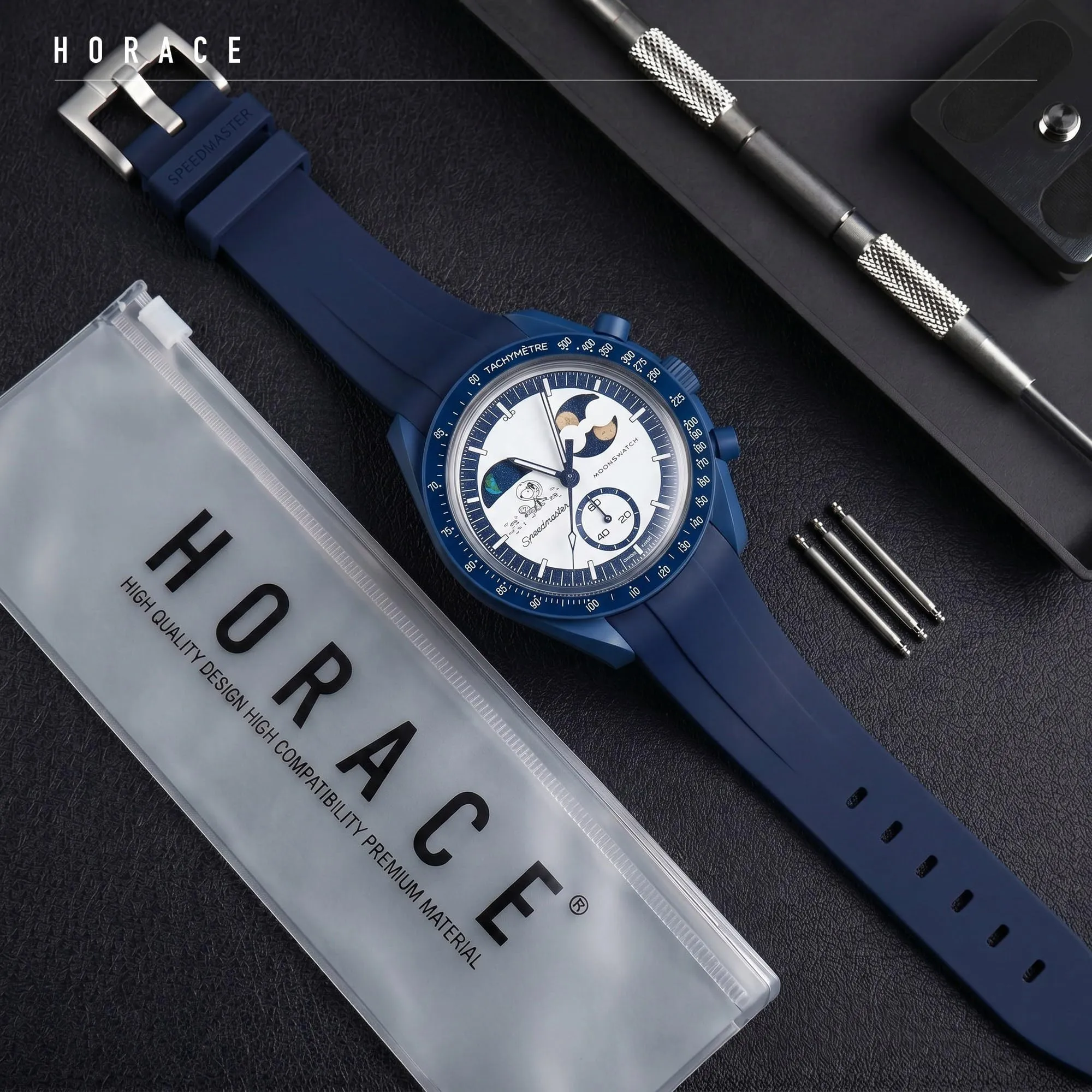 HORACE Cinturino universale per orologio in silicone liquido 20mm – Compatibile Omega x Swatch MoonSwatch – Kit di montaggio incluso (Blu) - immagine 3