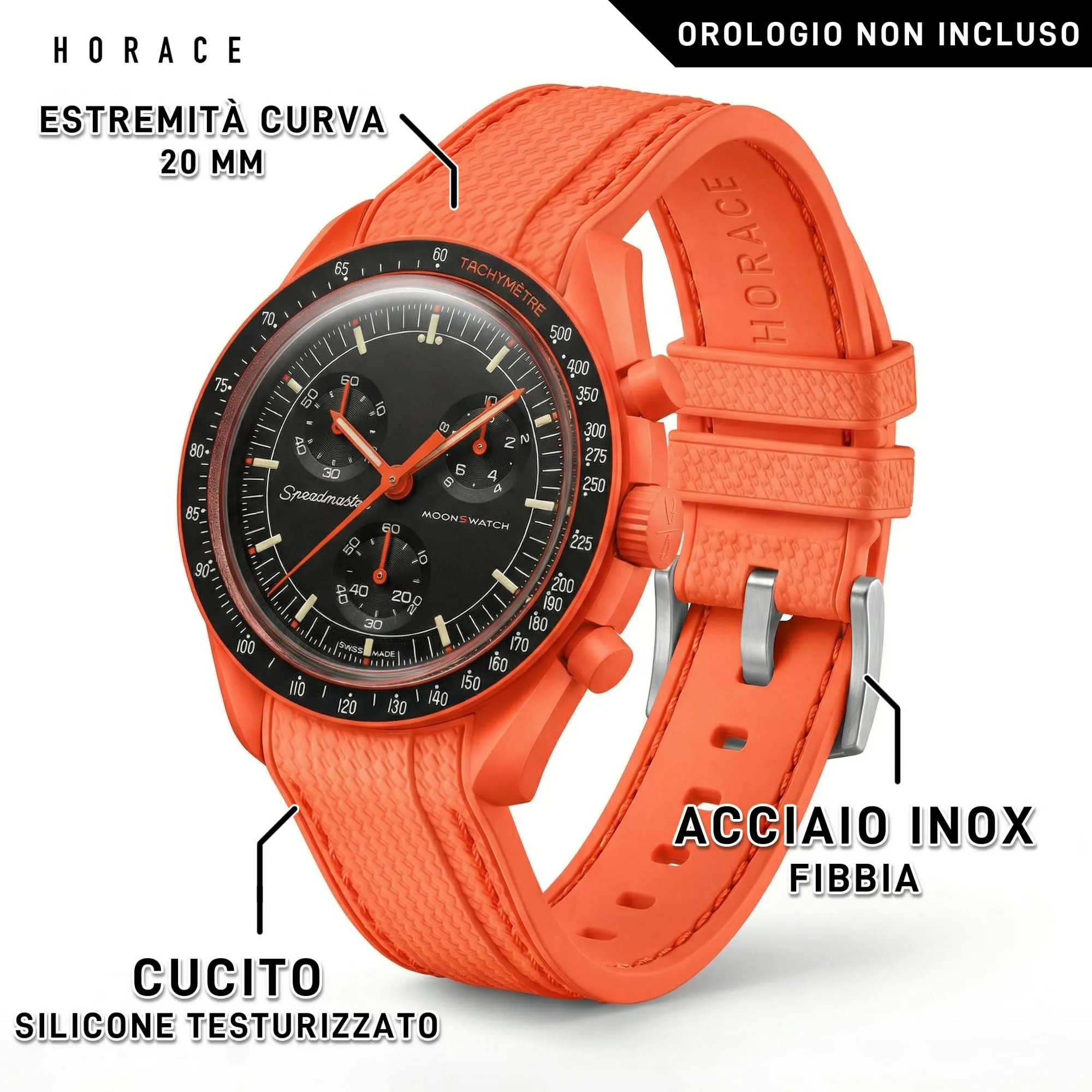 HORACE Cinturino universale per orologio in silicone liquido 20mm – Compatibile Omega x Swatch MoonSwatch – Kit di montaggio incluso (LAVA Arancio/Cuciture Arancio) - immagine 2