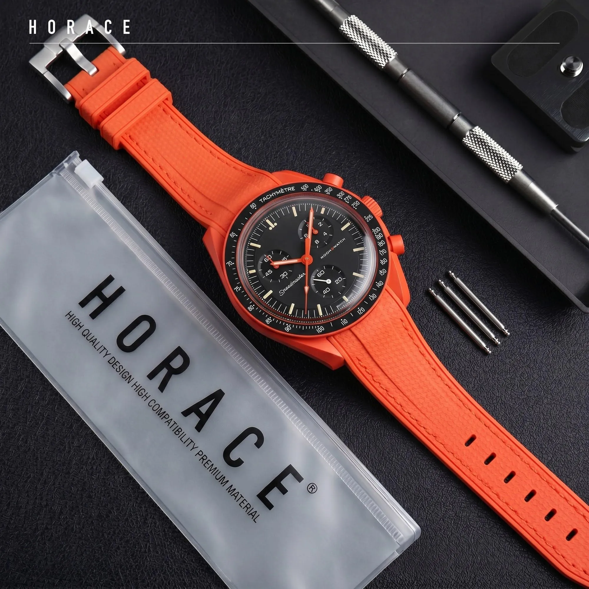 HORACE Cinturino universale per orologio in silicone liquido 20mm – Compatibile Omega x Swatch MoonSwatch – Kit di montaggio incluso (LAVA Arancio/Cuciture Arancio) - immagine 3