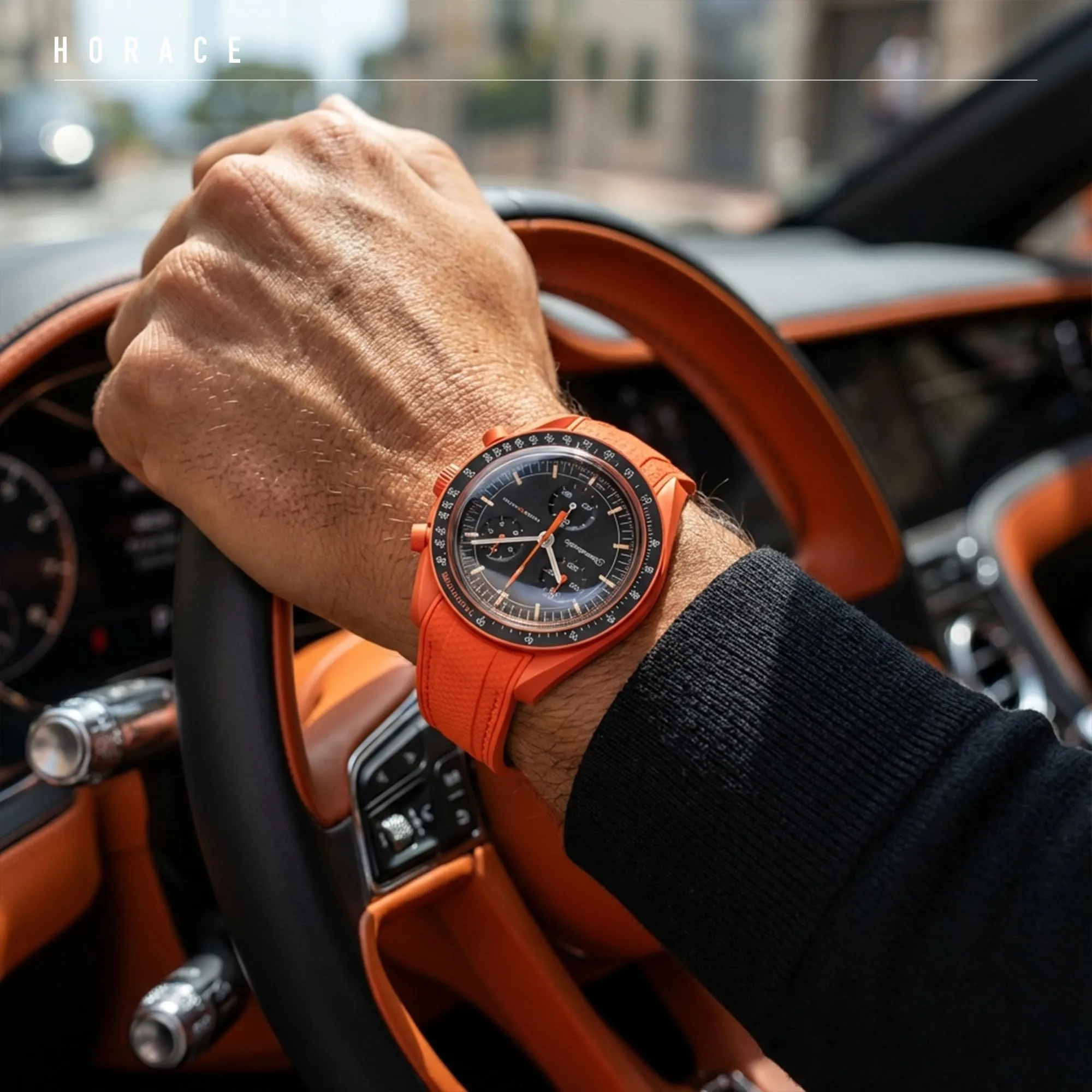 HORACE Cinturino universale per orologio in silicone liquido 20mm – Compatibile Omega x Swatch MoonSwatch – Kit di montaggio incluso (LAVA Arancio/Cuciture Arancio) - immagine 4