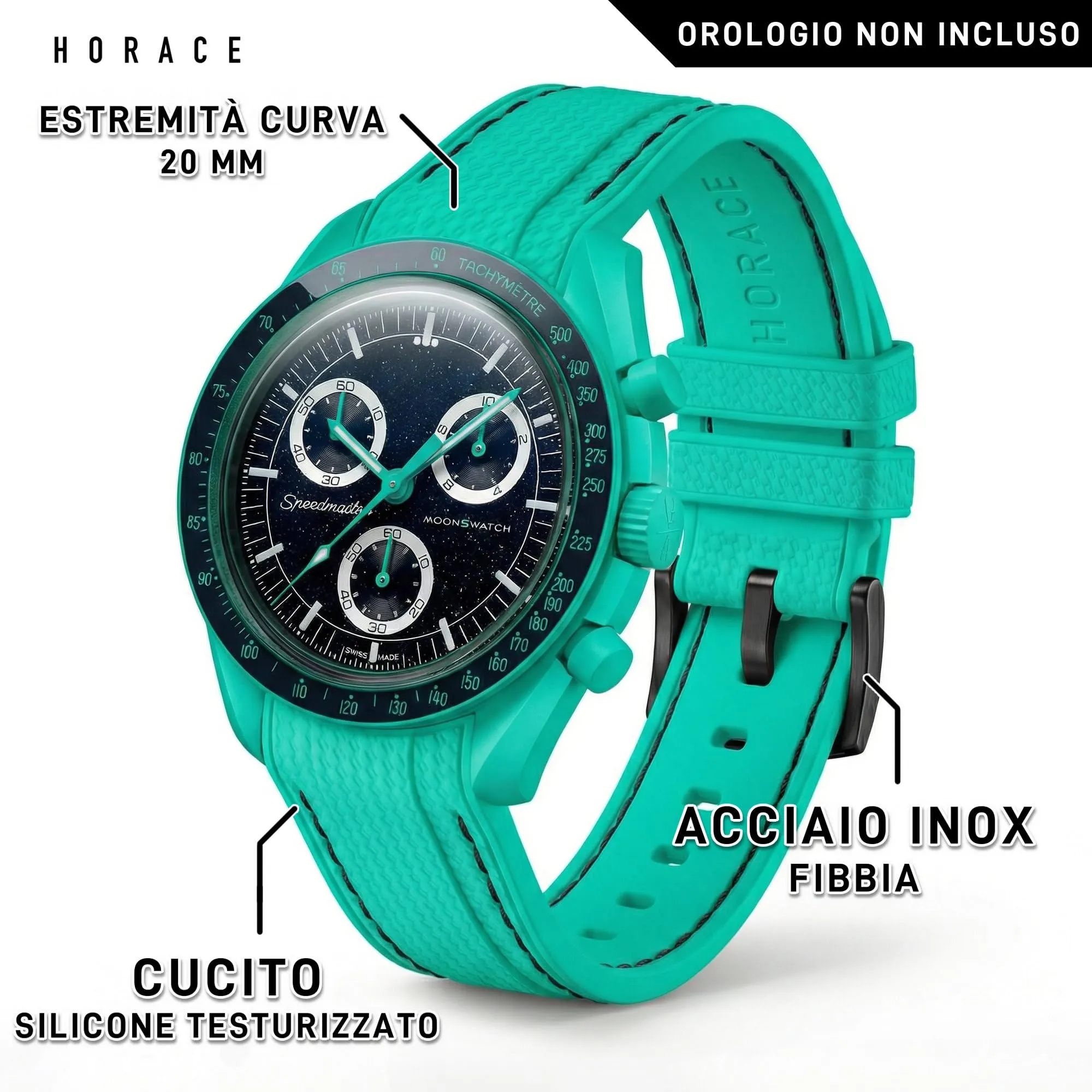 HORACE Cinturino universale per orologio in silicone liquido 20mm – Compatibile Omega x Swatch MoonSwatch – Kit di montaggio incluso (POLAR LIGHTS Ciano/Cuciture Nere) - immagine 2