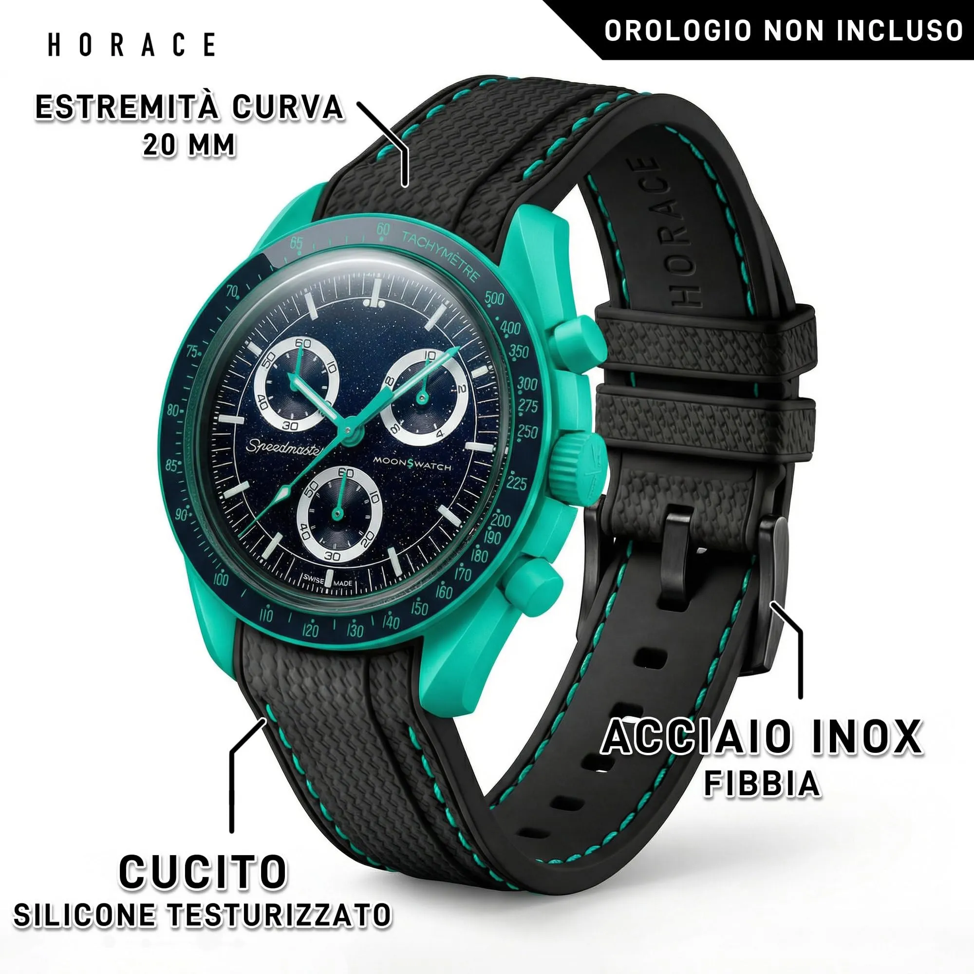 HORACE Cinturino universale per orologio in silicone liquido 20mm – Compatibile Omega x Swatch MoonSwatch – Kit di montaggio incluso (Nero/Cuciture Ciano) - immagine 2