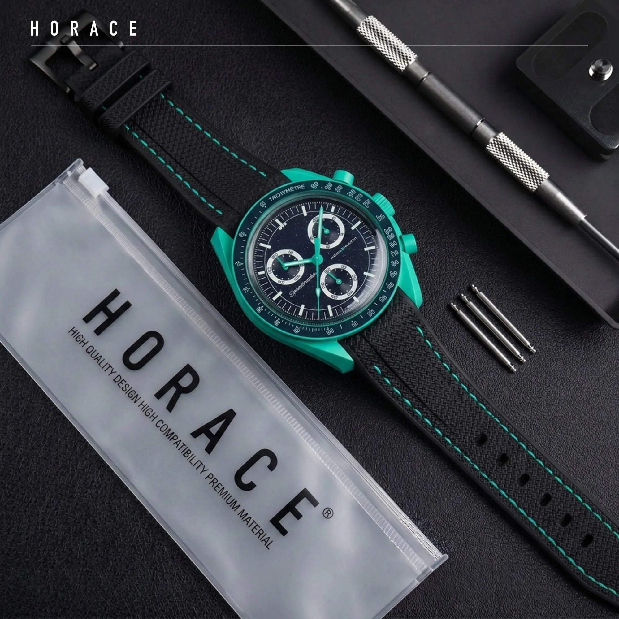 HORACE Cinturino universale per orologio in silicone liquido 20mm – Compatibile Omega x Swatch MoonSwatch – Kit di montaggio incluso (Nero/Cuciture Ciano) - immagine 3