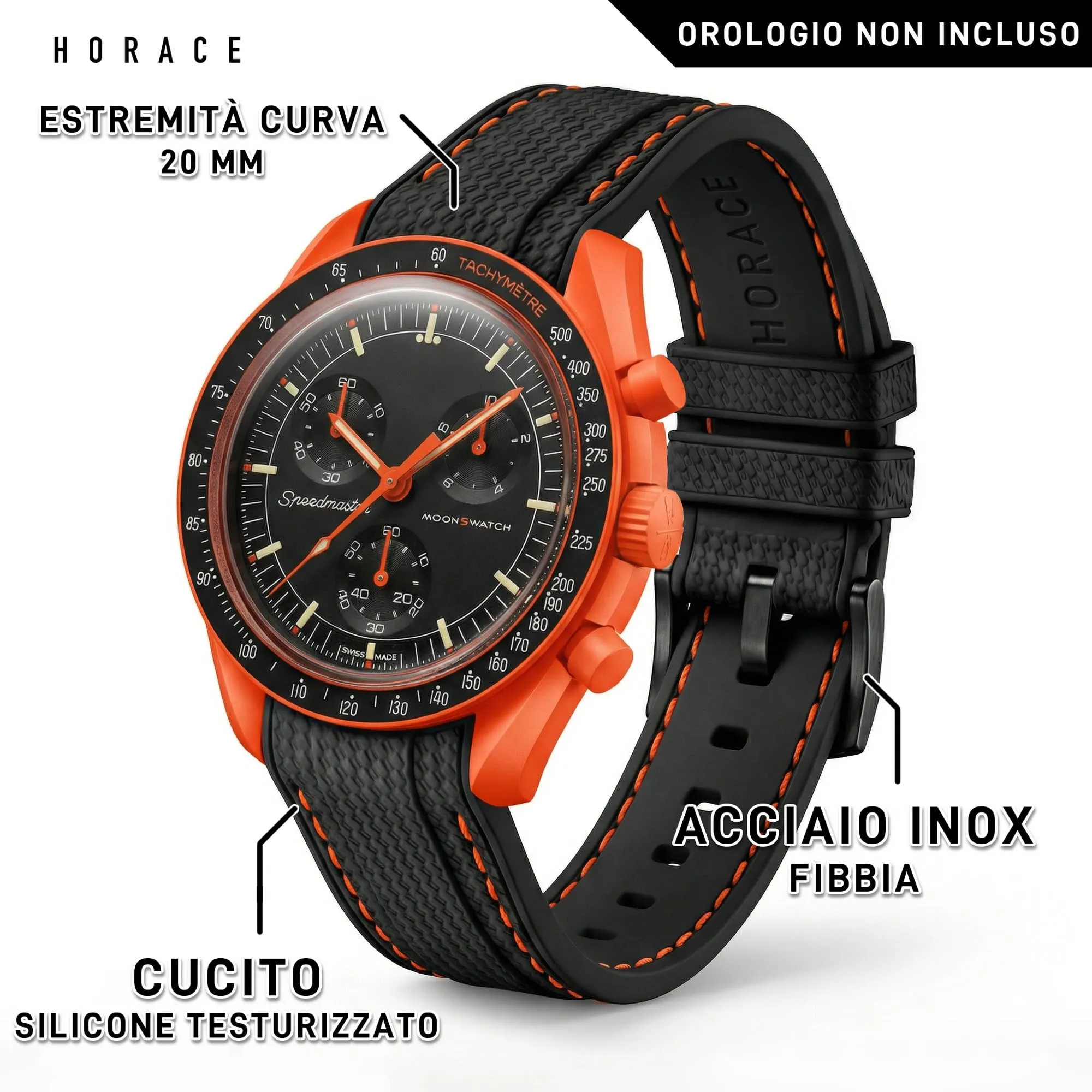 HORACE Cinturino universale per orologio in silicone liquido 20mm – Compatibile Omega x Swatch MoonSwatch – Kit di montaggio incluso (Nero/Cuciture Arancio) - immagine 2