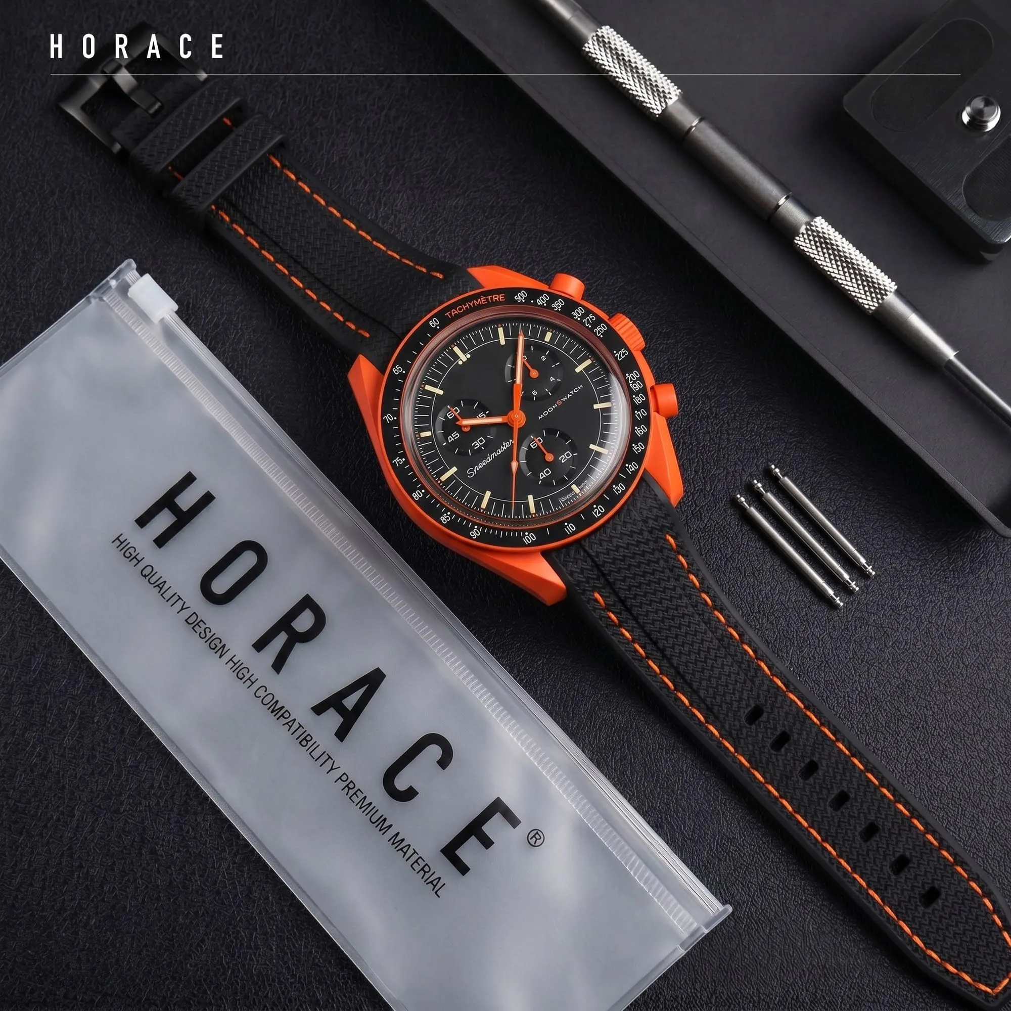 HORACE Cinturino universale per orologio in silicone liquido 20mm – Compatibile Omega x Swatch MoonSwatch – Kit di montaggio incluso (Nero/Cuciture Arancio) - immagine 3