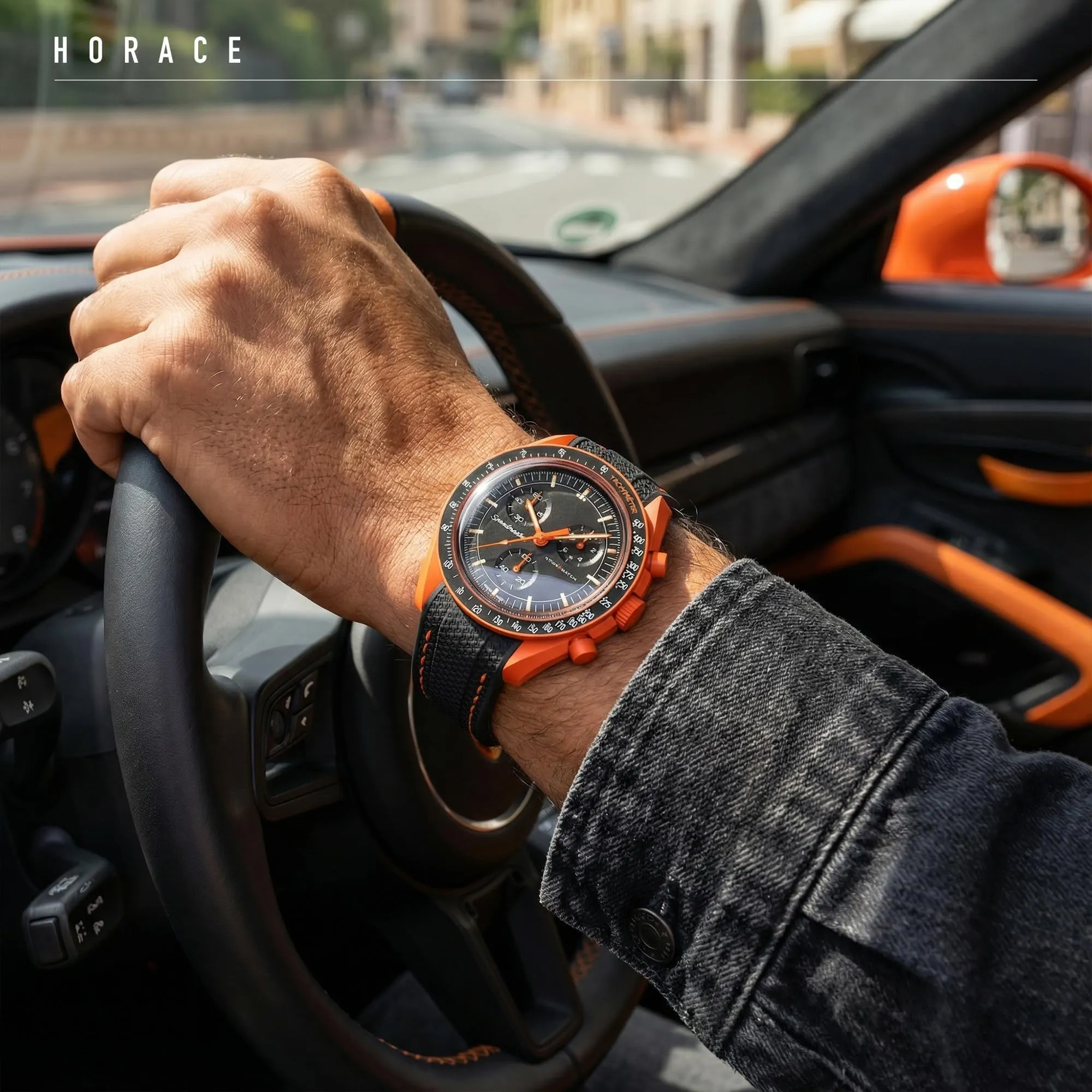 HORACE Cinturino universale per orologio in silicone liquido 20mm – Compatibile Omega x Swatch MoonSwatch – Kit di montaggio incluso (Nero/Cuciture Arancio) - immagine 4
