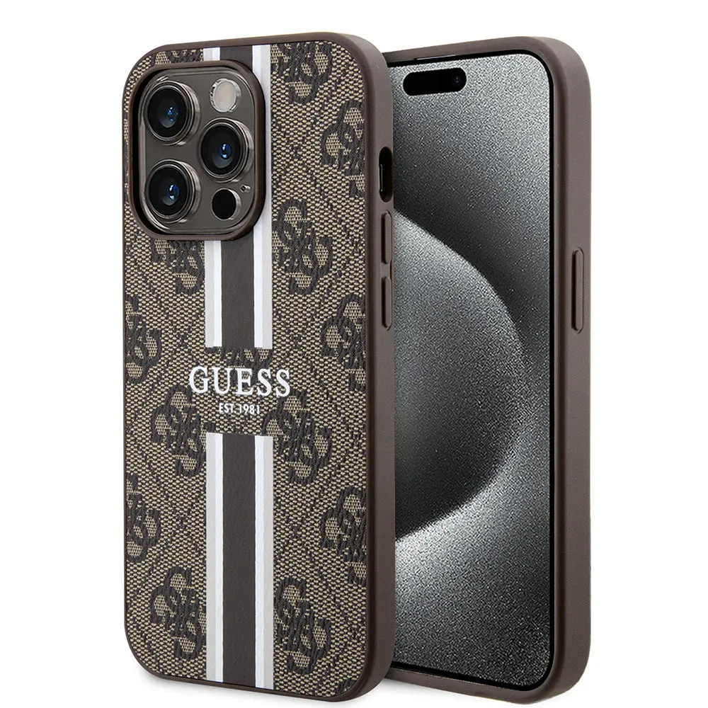 Custodia MagSafe per Apple iPhone 15 Pro, Guess, 4G Printed Stripes, Marrone - immagine 1