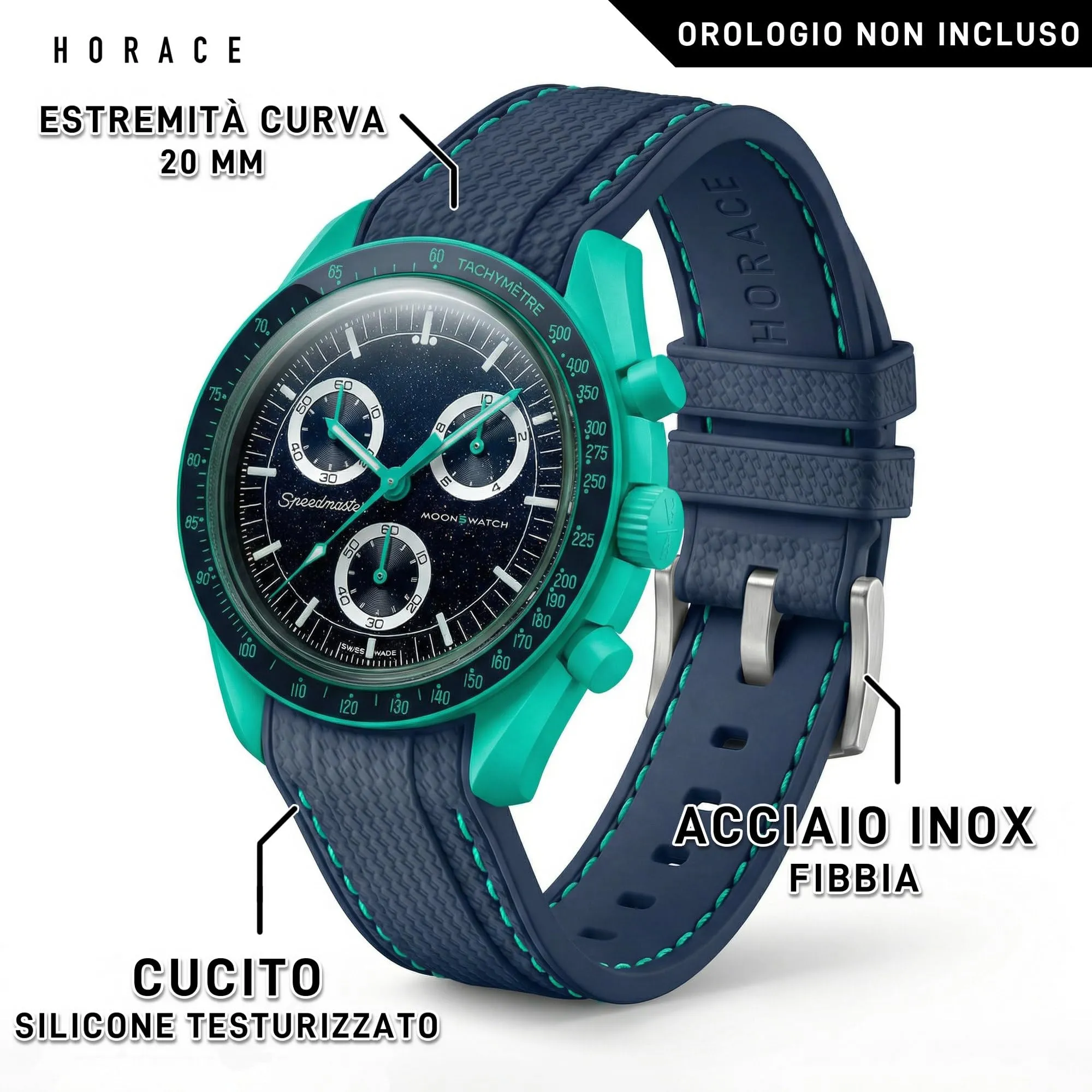 HORACE Cinturino universale per orologio in silicone liquido 20mm – Compatibile Omega x Swatch MoonSwatch – Kit di montaggio incluso (Blu/Cuciture Ciano) - immagine 2