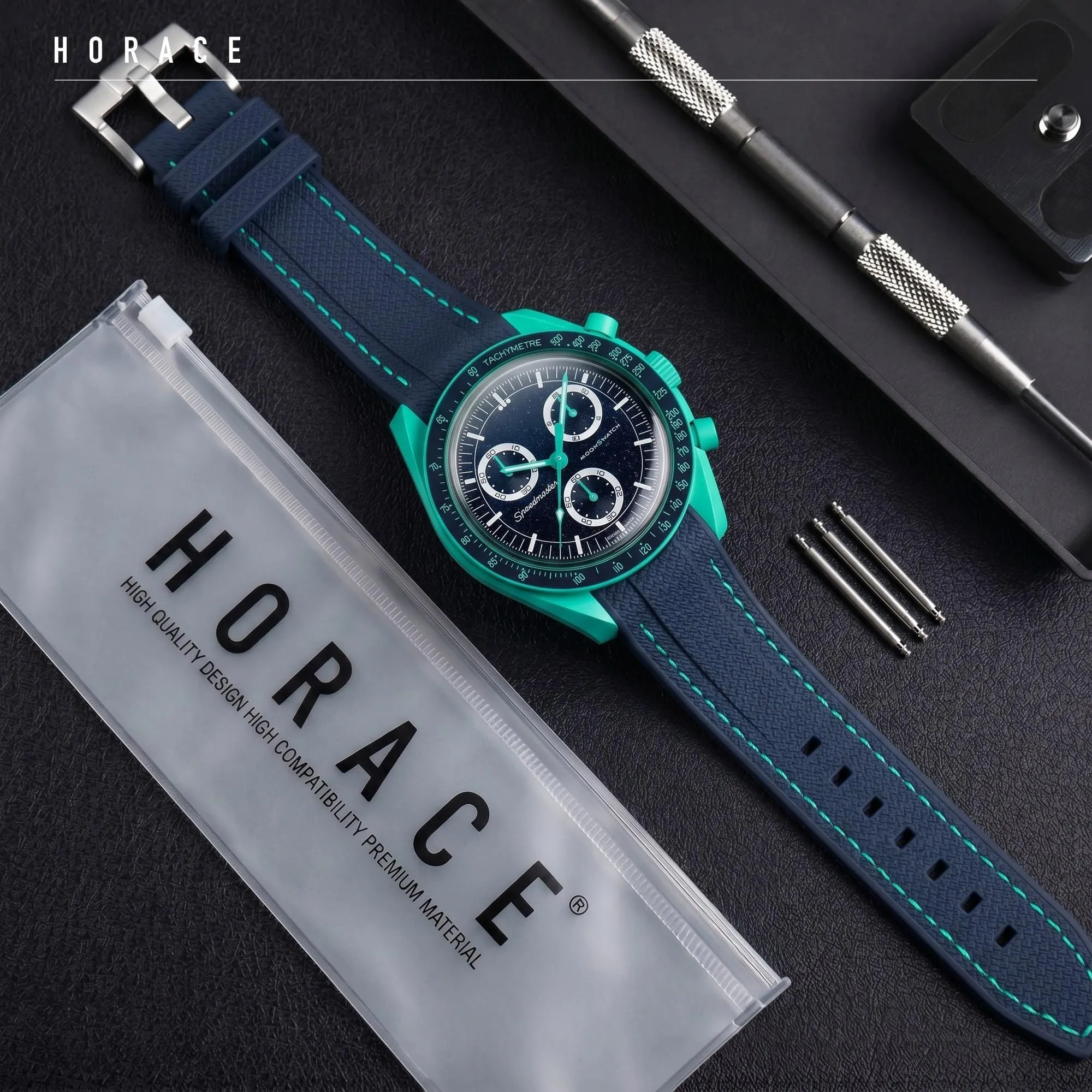 HORACE Cinturino universale per orologio in silicone liquido 20mm – Compatibile Omega x Swatch MoonSwatch – Kit di montaggio incluso (Blu/Cuciture Ciano) - immagine 3