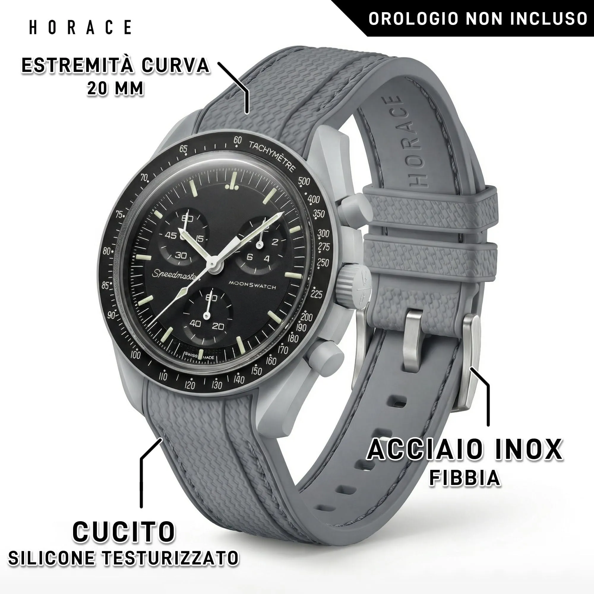 HORACE Cinturino universale per orologio in silicone liquido 20mm – Compatibile Omega x Swatch MoonSwatch – Kit di montaggio incluso (Grigio/Cuciture Grigie) - immagine 2