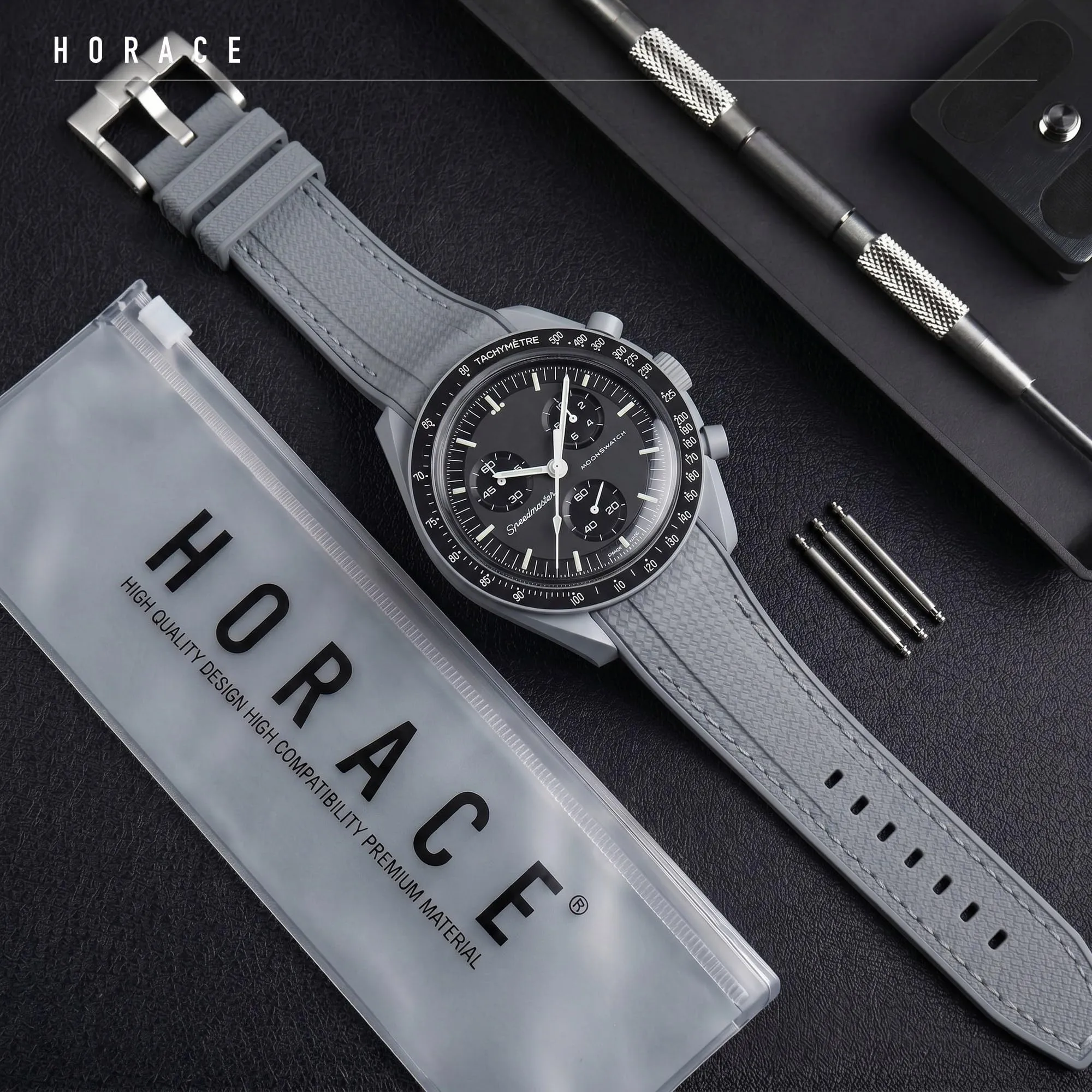 HORACE Cinturino universale per orologio in silicone liquido 20mm – Compatibile Omega x Swatch MoonSwatch – Kit di montaggio incluso (Grigio/Cuciture Grigie) - immagine 3