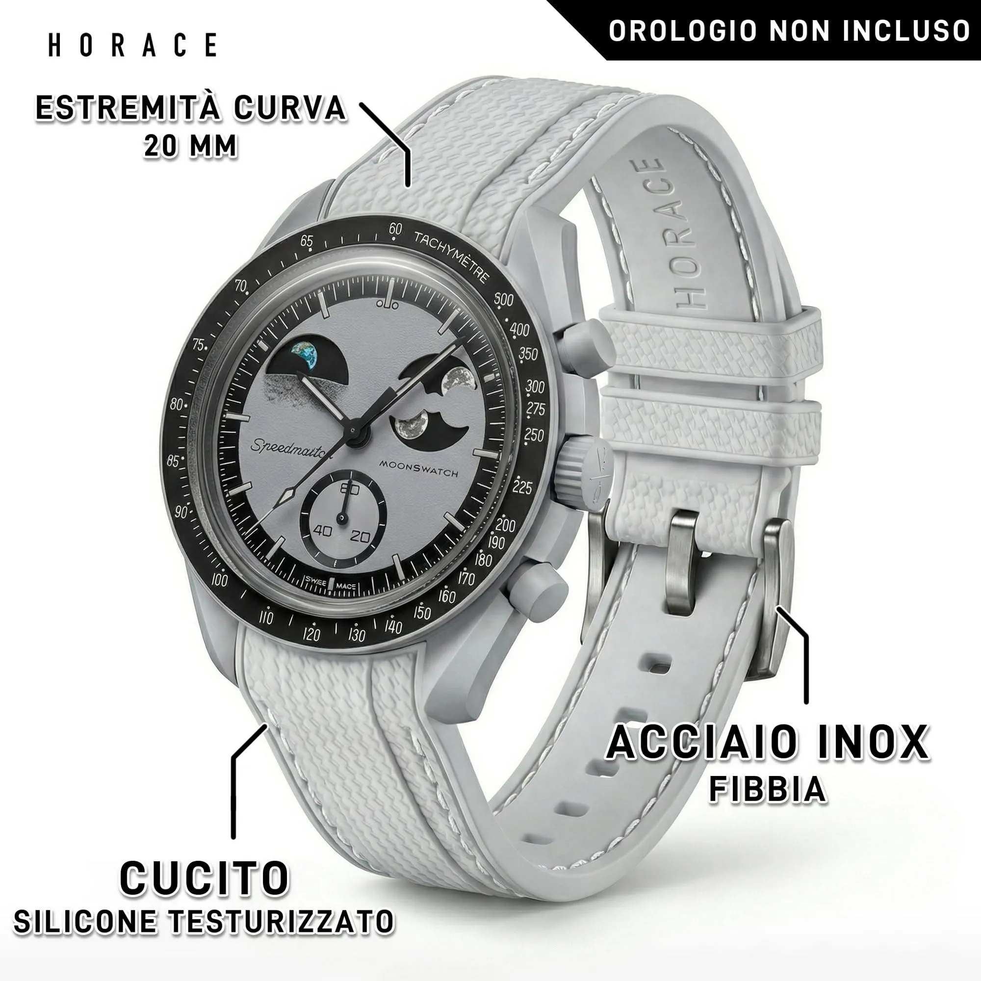 HORACE Cinturino universale per orologio in silicone liquido 20mm – Compatibile Omega x Swatch MoonSwatch – Kit di montaggio incluso (Grigio Chiaro/Cuciture Bianche) - immagine 2