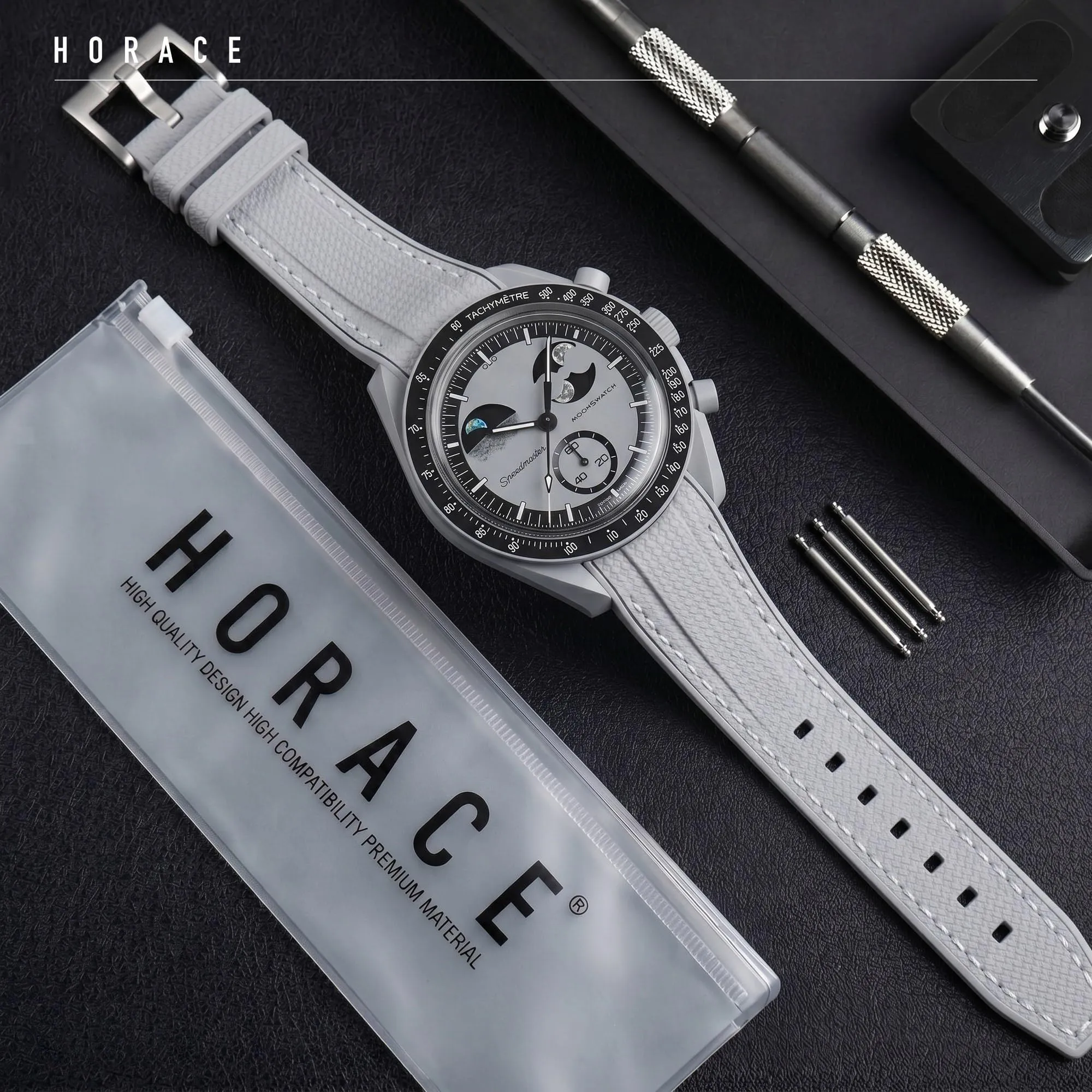 HORACE Cinturino universale per orologio in silicone liquido 20mm – Compatibile Omega x Swatch MoonSwatch – Kit di montaggio incluso (Grigio Chiaro/Cuciture Bianche) - immagine 3