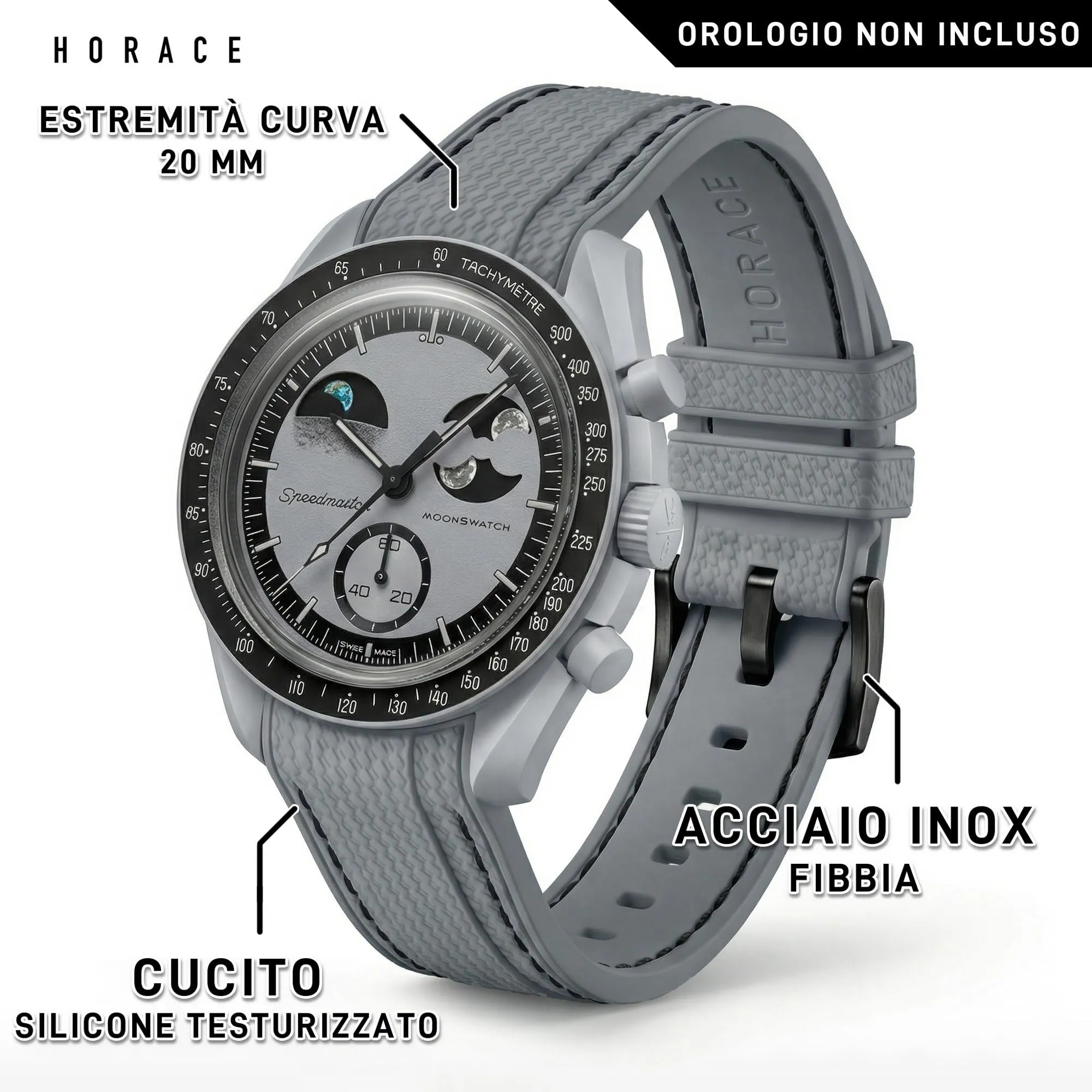 HORACE Cinturino universale per orologio in silicone liquido 20mm – Compatibile Omega x Swatch MoonSwatch – Kit di montaggio incluso (Grigio/Cuciture Nere) - immagine 2