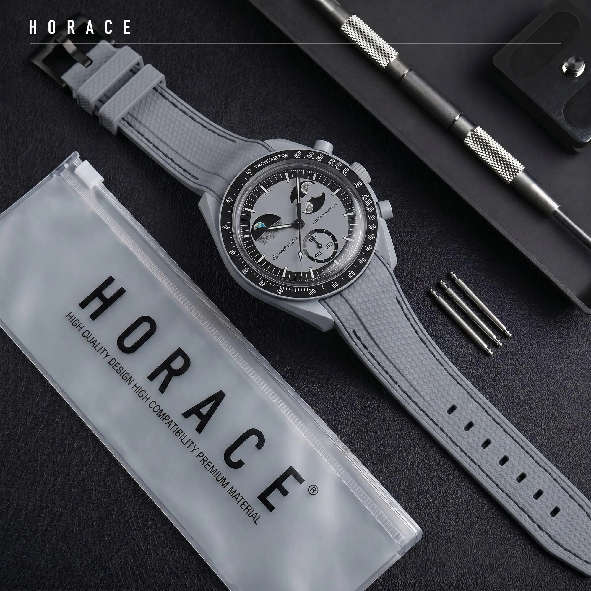 HORACE Cinturino universale per orologio in silicone liquido 20mm – Compatibile Omega x Swatch MoonSwatch – Kit di montaggio incluso (Grigio/Cuciture Nere) - immagine 3