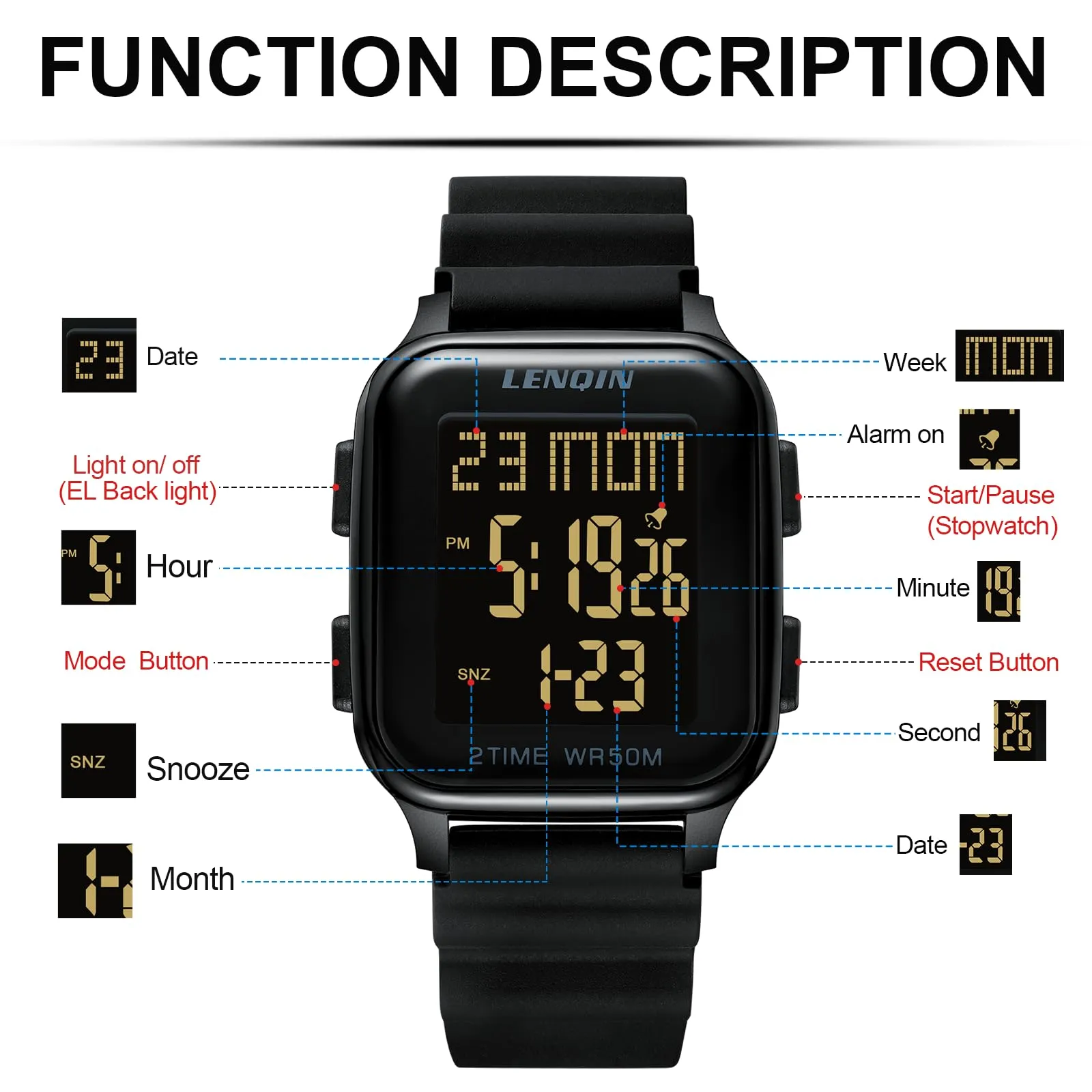 LN LENQIN Orologio Uomo Digitale Impermeabile Sportivo LED Cronometro - immagine 6