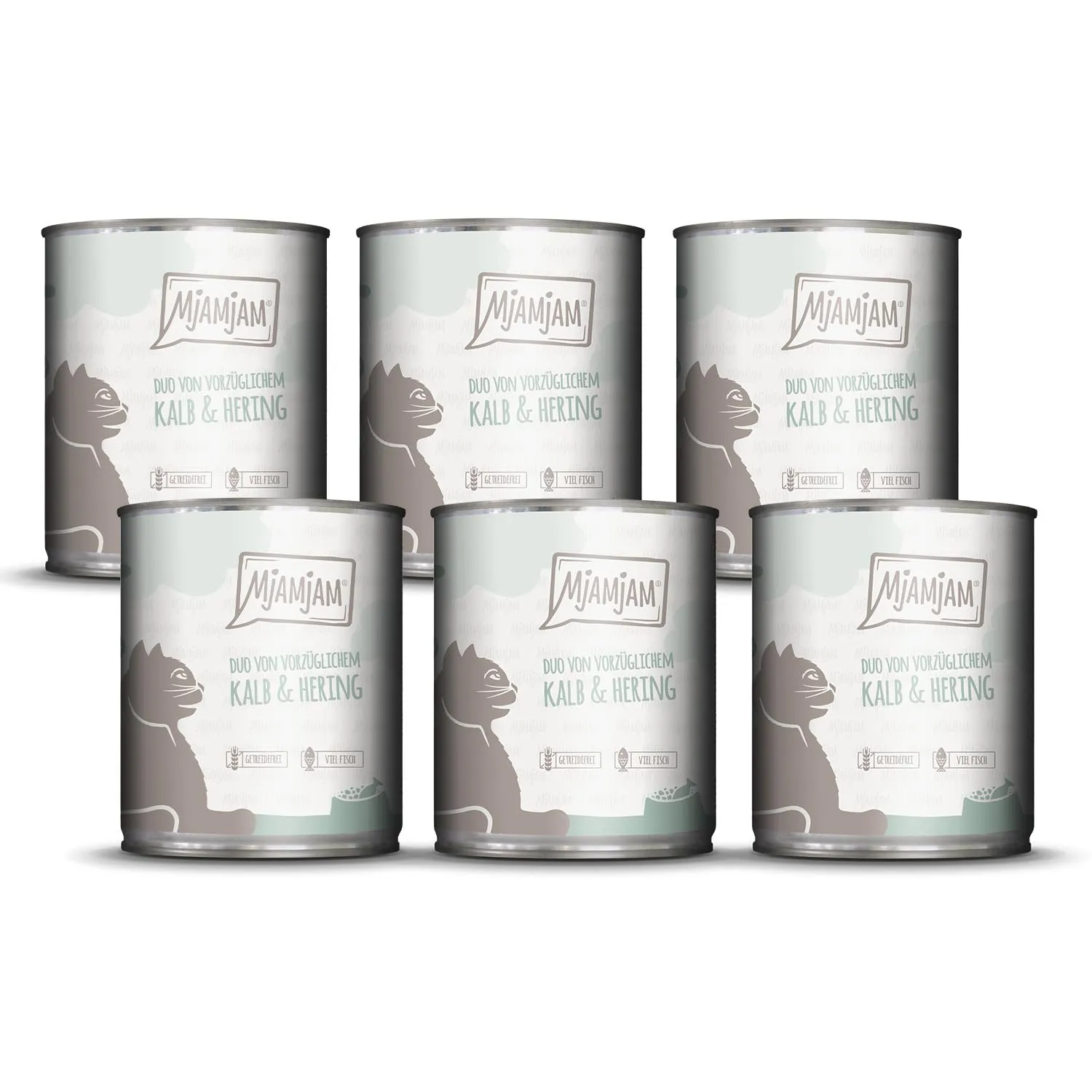 MjAMjAM - Cibo umido premium per gatti - DUO di ottima carne di vitello e aringa, confezione da 6 (6x800g), senza cereali - immagine 1