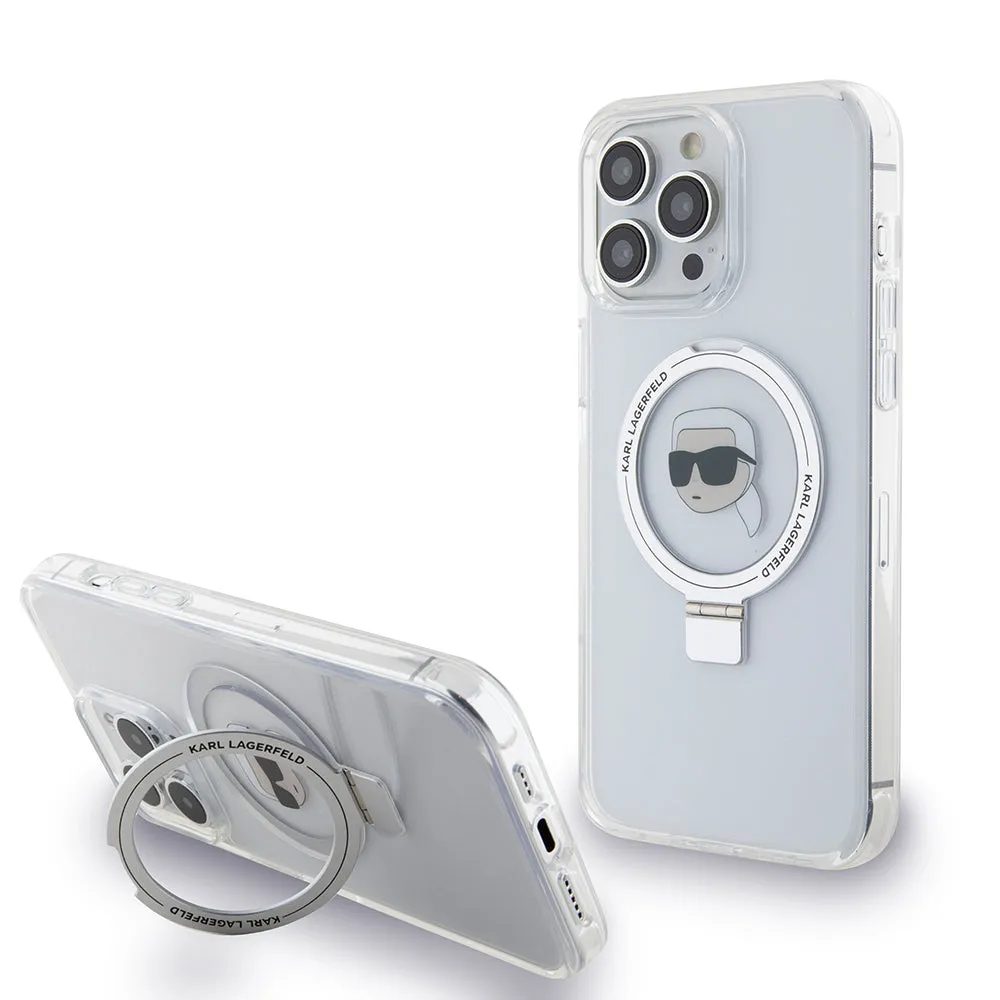 Custodia MagSafe per Apple iPhone 15 Pro Max, Karl Lagerfeld, Ring Stand Karl's Head, Bianca - immagine 1