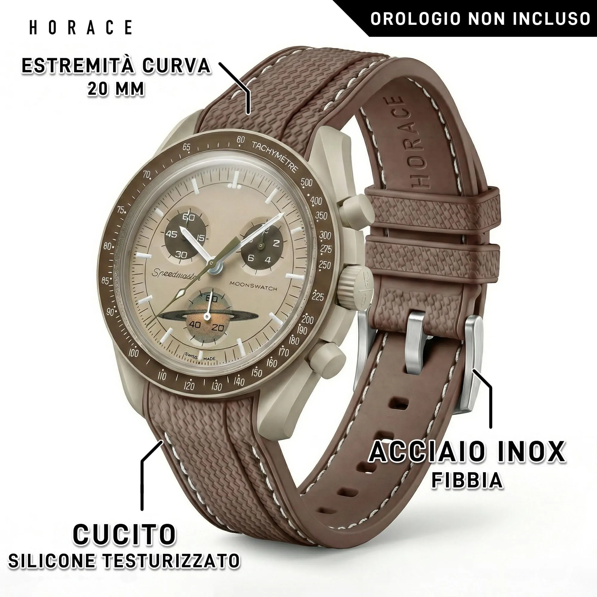 HORACE Cinturino universale per orologio in silicone liquido 20mm – Compatibile Omega x Swatch MoonSwatch – Kit di montaggio incluso (Marrone/Cuciture Bianche) - immagine 2