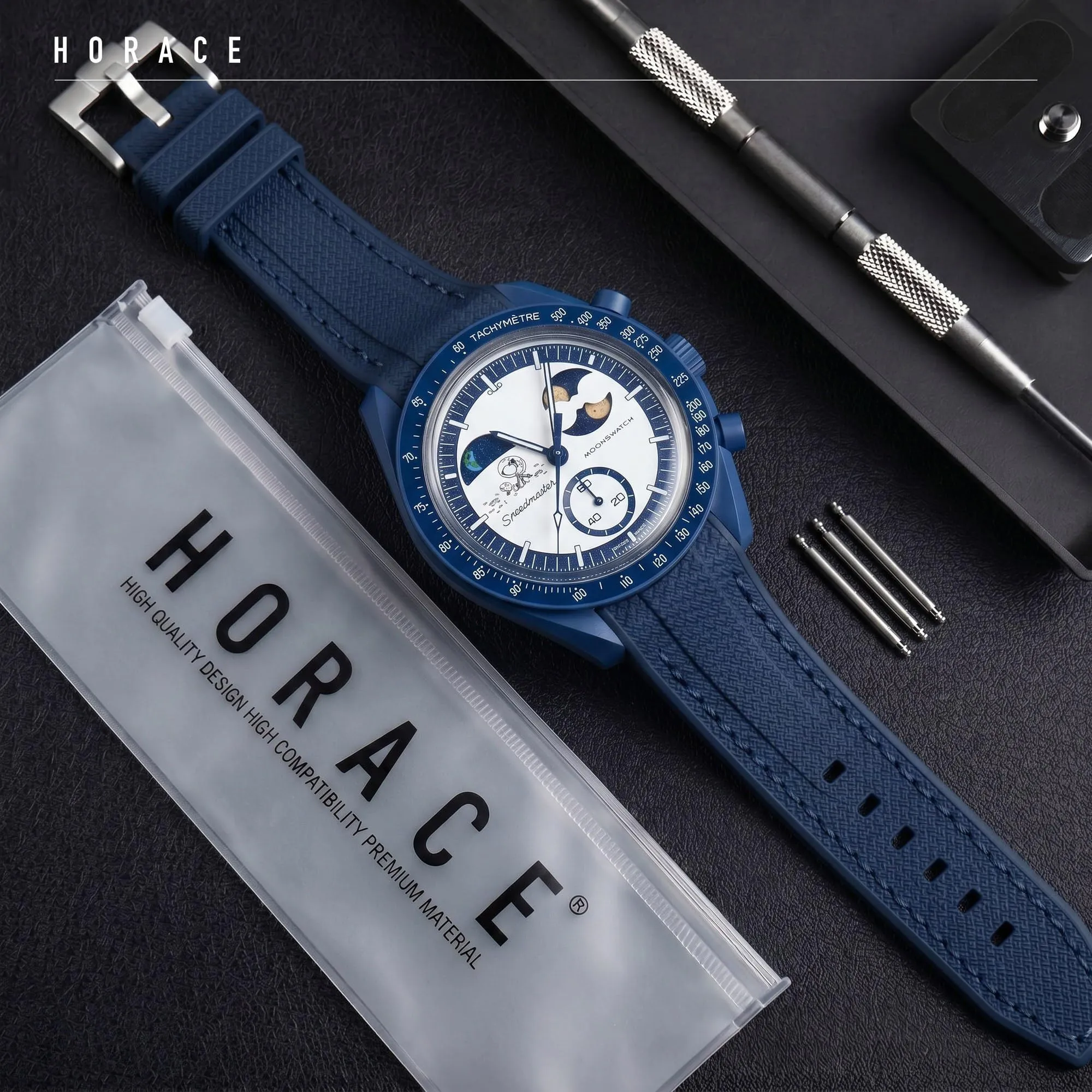 HORACE Cinturino universale per orologio in silicone liquido 20mm – Compatibile Omega x Swatch MoonSwatch – Kit di montaggio incluso (Blu/Cuciture Blu) - immagine 3