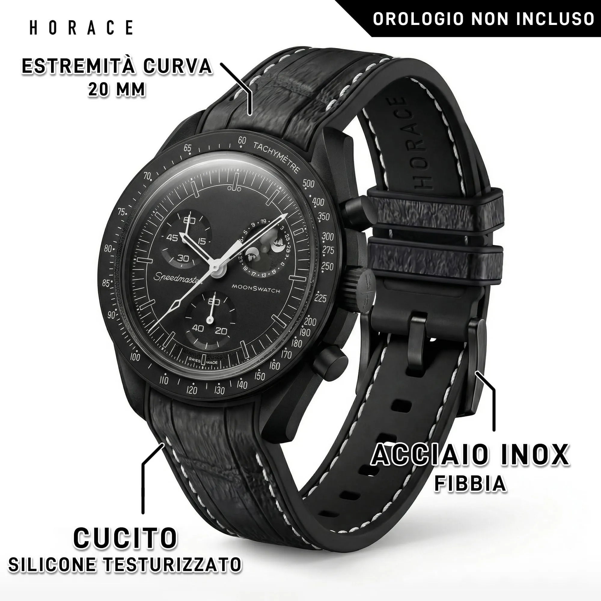 HORACE Cinturino universale per orologio in silicone liquido 20mm – Compatibile Omega x Swatch MoonSwatch – Kit di montaggio incluso (Nero Coccodrillo/Cuciture Bianche – Nero) - immagine 2