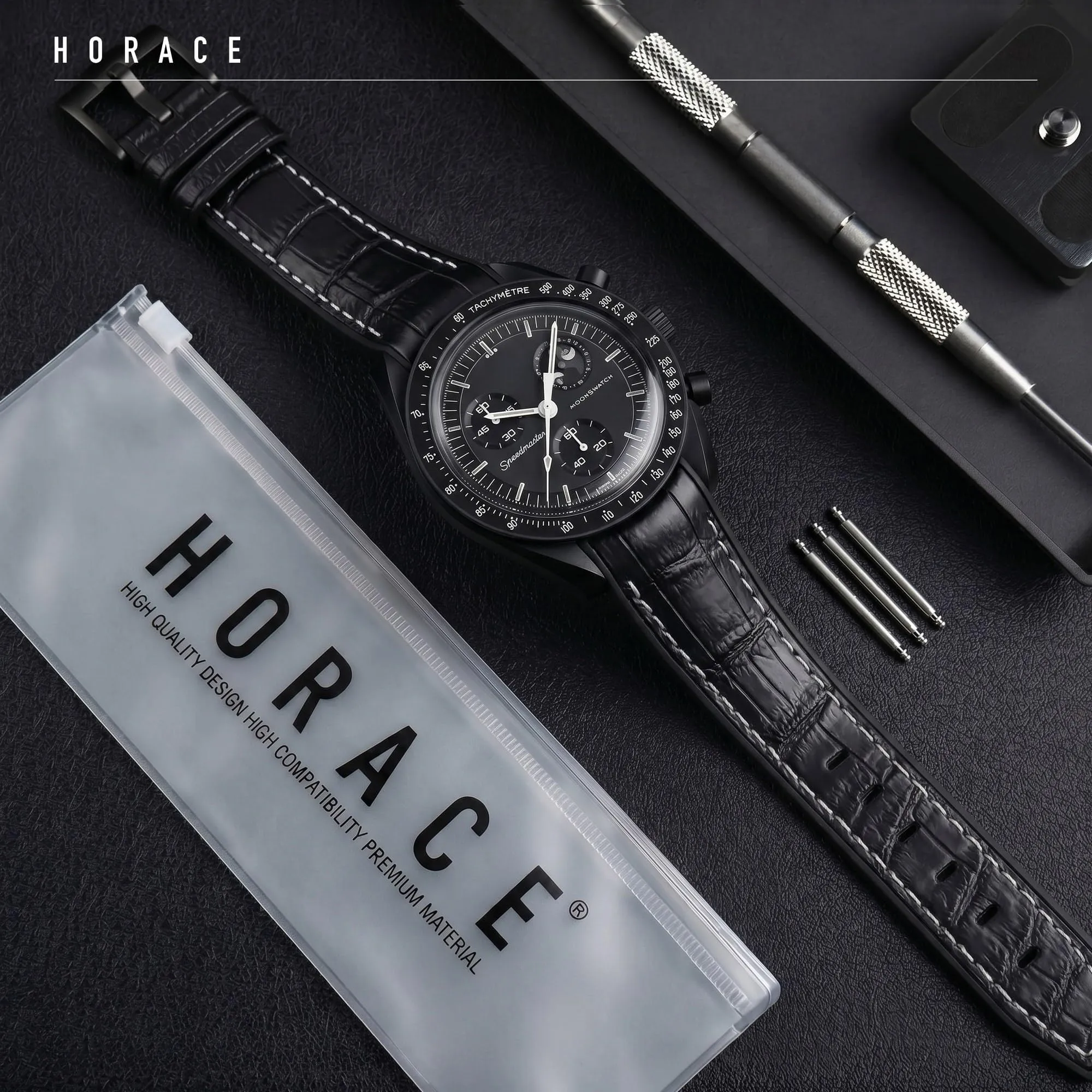 HORACE Cinturino universale per orologio in silicone liquido 20mm – Compatibile Omega x Swatch MoonSwatch – Kit di montaggio incluso (Nero Coccodrillo/Cuciture Bianche – Nero) - immagine 3