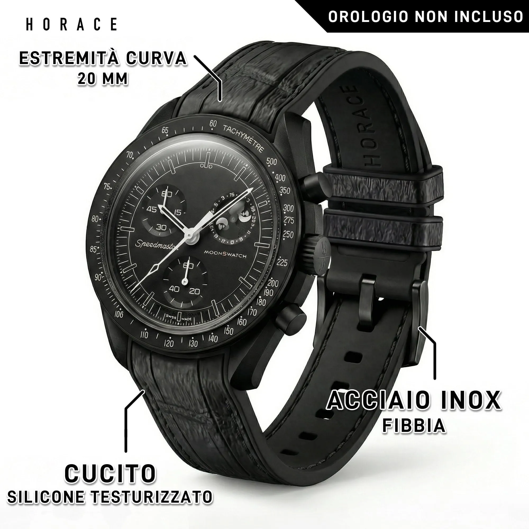 HORACE Cinturino universale per orologio in silicone liquido 20mm – Compatibile Omega x Swatch MoonSwatch – Kit di montaggio incluso (Nero Coccodrillo/Cuciture Nere – Nero) - immagine 2