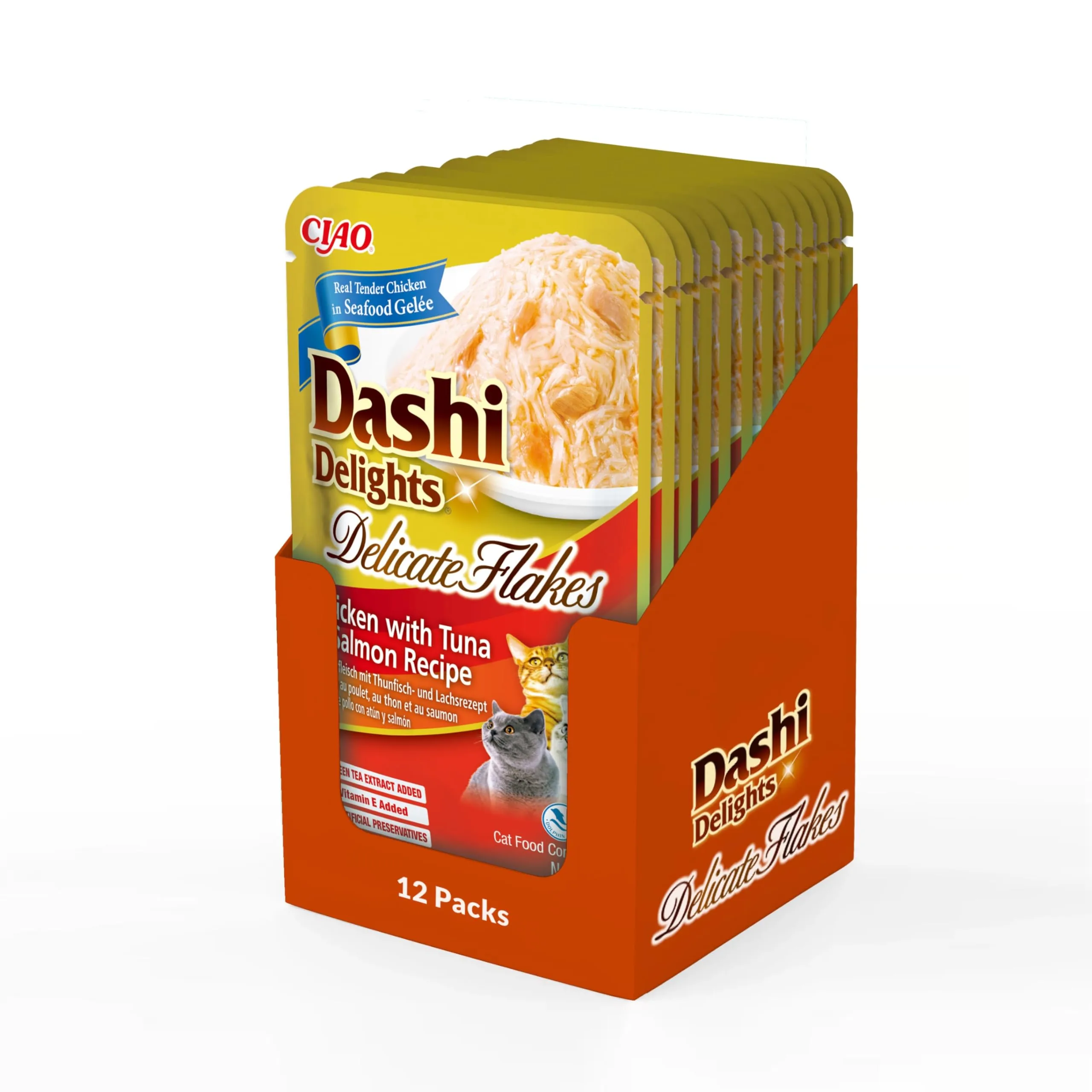 INABA Dashi Delights Delicate Flakes, Cibo Umido per Gatti con Pollo, Tonno e Salmone, Fiocchi in Brodo di Pesce, Ricco di Proteine, Ingredienti Naturali, Pasto Complementare, 12Confezioni da 40 g - immagine 1