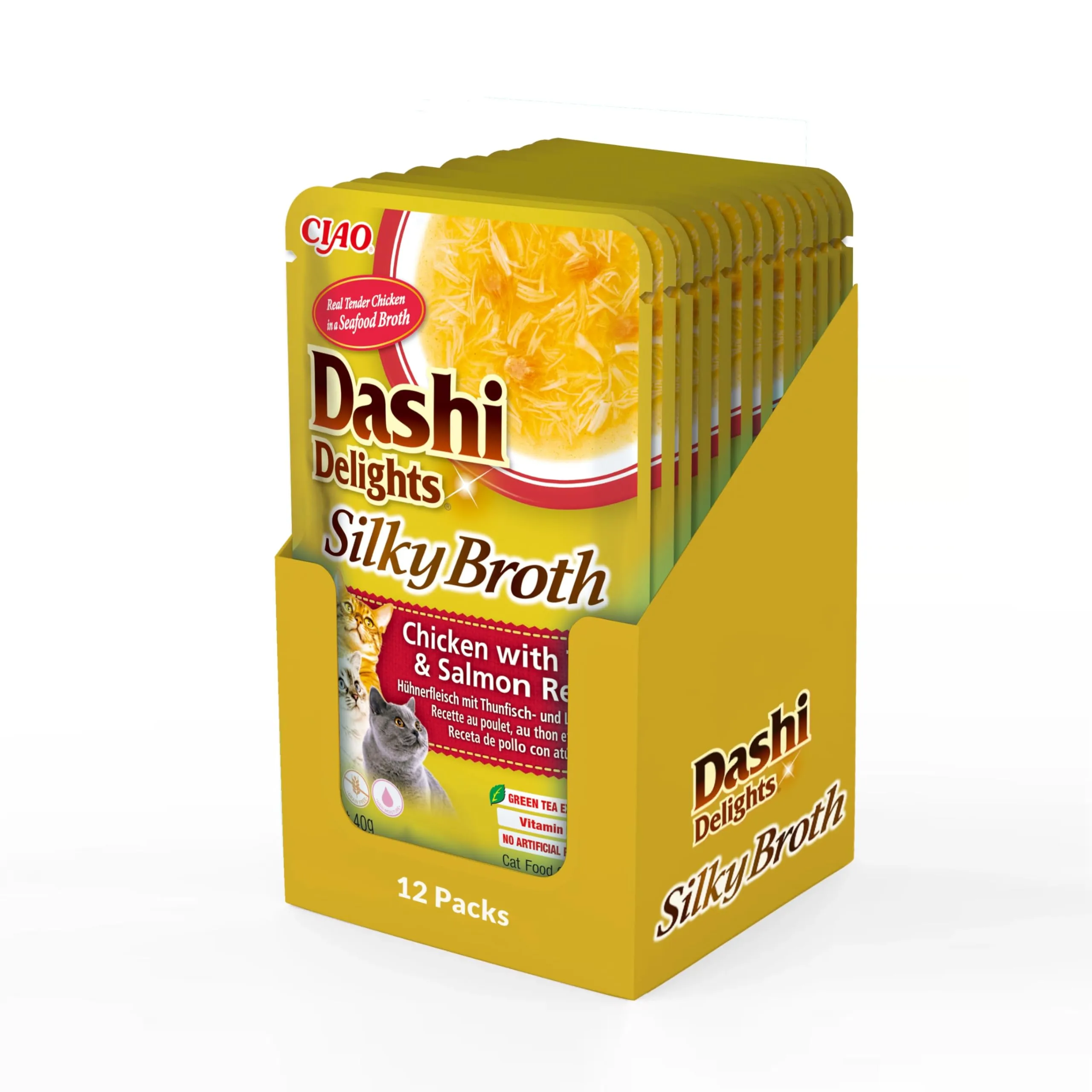 INABA Dashi Delights Silky Broth, Cibo Umido per Gatti con Pollo, Tonno e Salmone, Brodo di Pesce, Ricco di Proteine, Ingredienti Naturali, Pasto Complementare, 12 Confezioni da 40 g - immagine 1