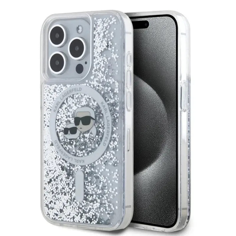 Custodia MagSafe per Apple iPhone 15 Pro Max, Karl Lagerfeld, Liquid Glitter Karl & Choupette's Heads, Trasparente - immagine 1