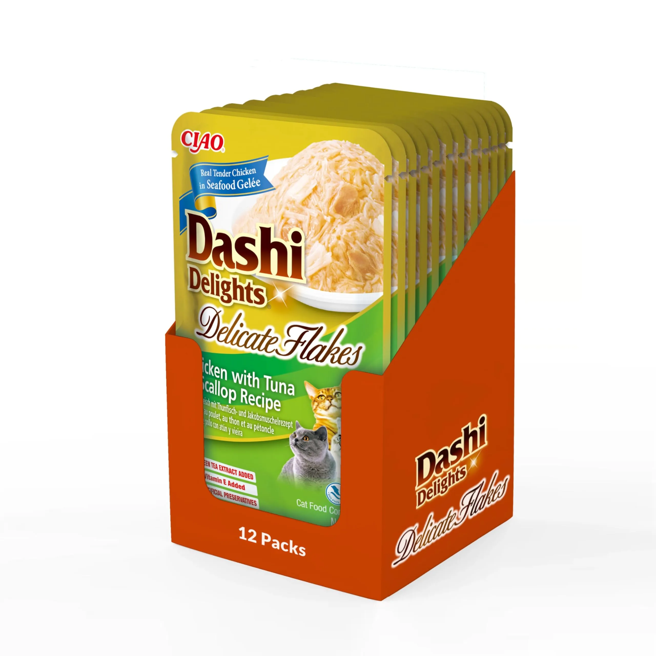 INABA Dashi Delights Delicate Flakes, Cibo Umido per Gatti con Pollo, Tonno e Capesante, Fiocchi in Brodo di Pesce, Ricco di Proteine, Ingredienti Naturali, Pasto Complementare, 12 Confezioni da 40 g - immagine 1