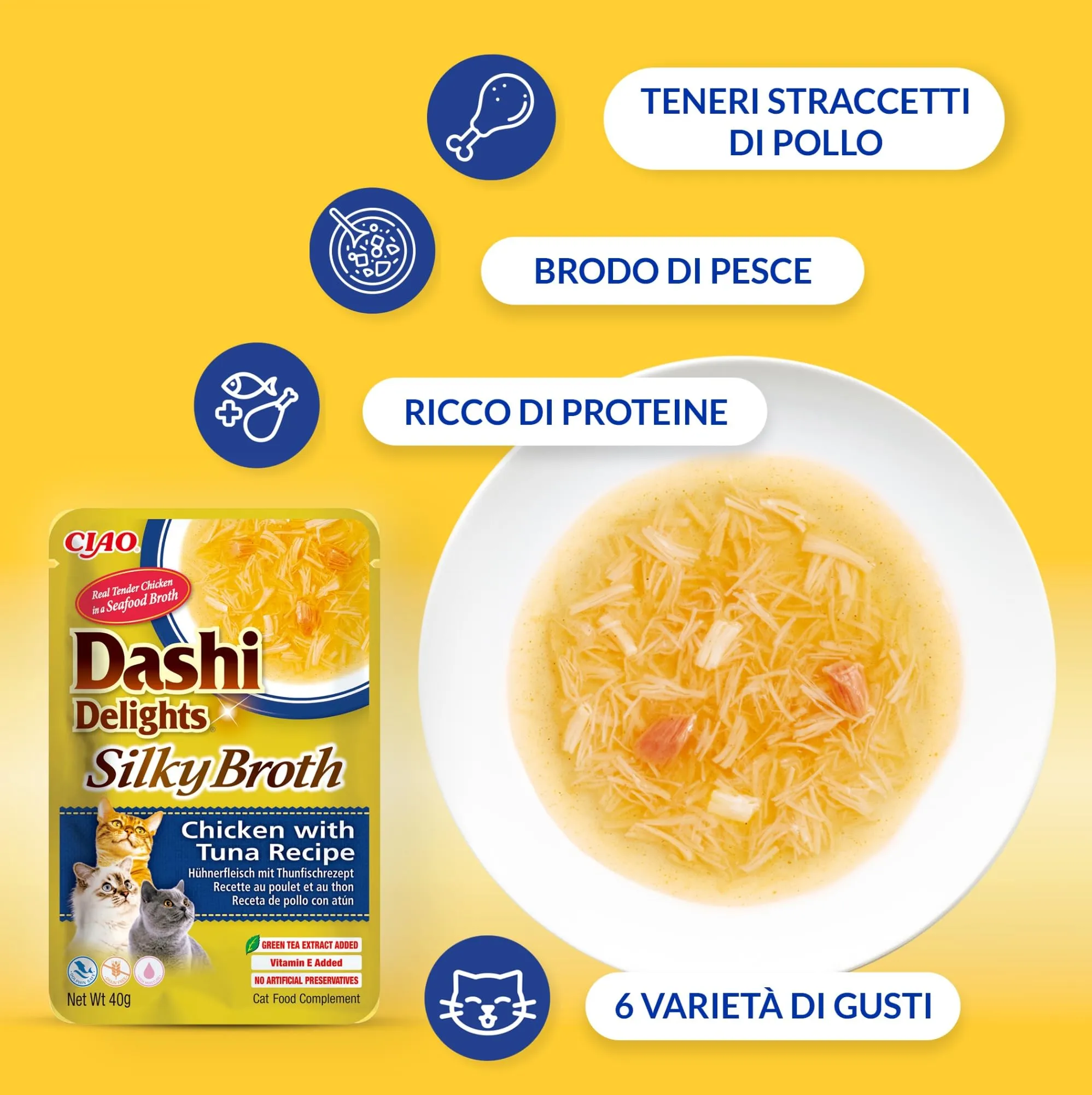 INABA Dashi Delights Silky Broth, Cibo Umido per Gatti con Pollo, Brodo di Pesce, Ricco di Proteine, Ingredienti Naturali, Pasto Complementare, 12 Confezioni da 40 g - immagine 2