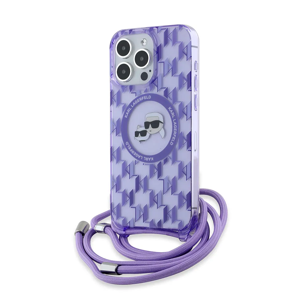 Custodia MagSafe per Apple iPhone 15 Pro Max, Karl Lagerfeld, IML Crossbody Monogram Karl & Choupette's Heads, Viola - immagine 1