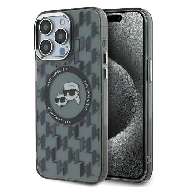 Custodia MagSafe per Apple iPhone 15 Pro Max, Karl Lagerfeld, IML Monogramma Karl & Choupette's Heads, Nera - immagine 1