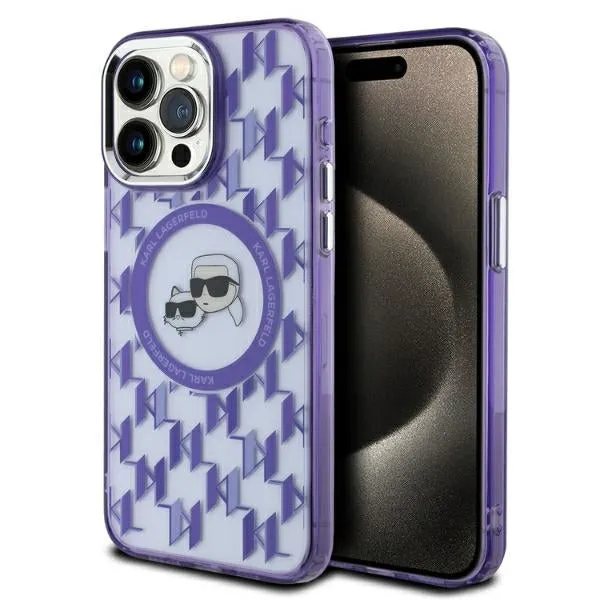 Custodia MagSafe per Apple iPhone 15 Pro Max, Karl Lagerfeld, IML Monogramma Karl & Choupette's Heads, Viola - immagine 1