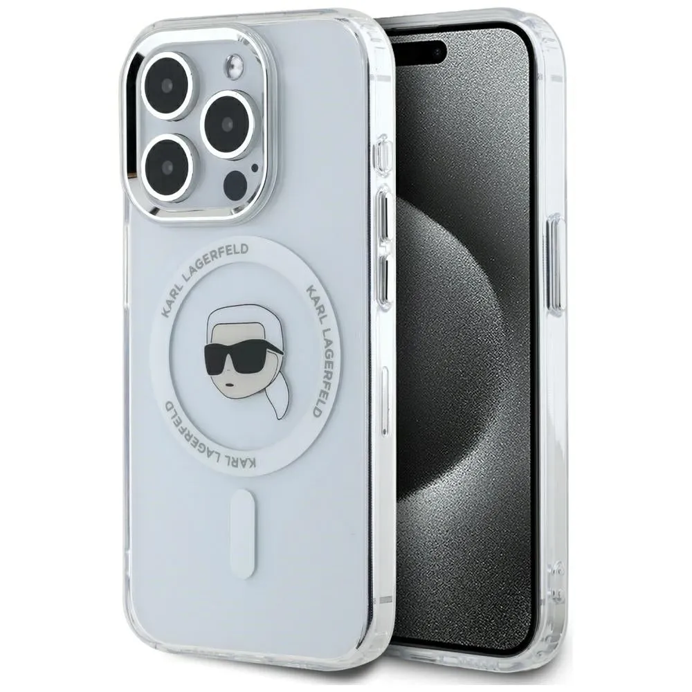 Custodia MagSafe per Apple iPhone 15 Pro Max, Karl Lagerfeld, IML Metal Karl's Head, Bianca - immagine 1