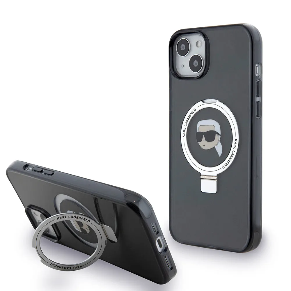 Custodia MagSafe per Apple iPhone 15 Plus, Karl Lagerfeld, Ring Stand Karl's Head, Nera - immagine 1