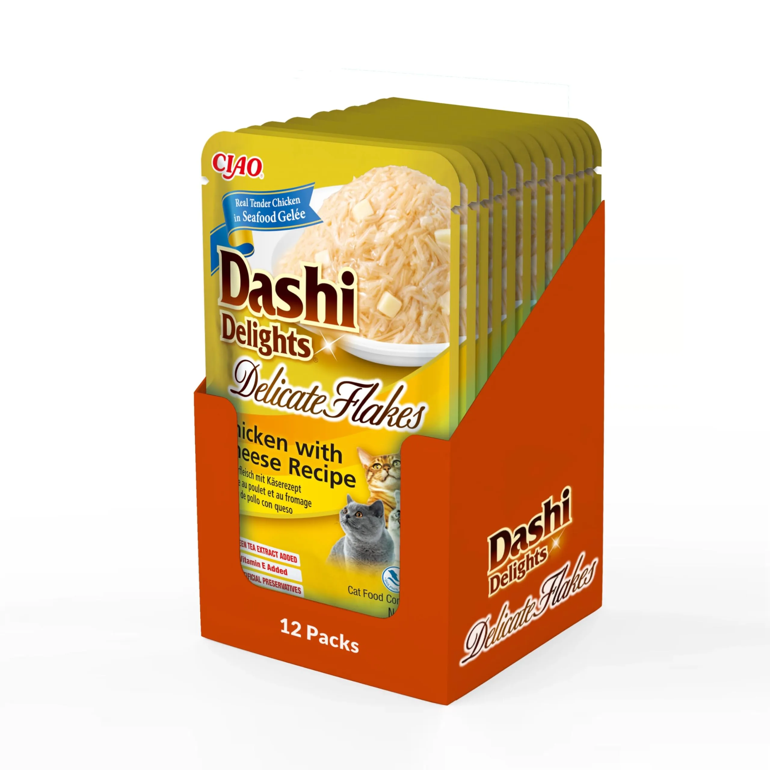 INABA Dashi Delights Delicate Flakes, Cibo Umido per Gatti con Pollo e Formaggio, Fiocchi in Brodo di Pesce, Ricco di Proteine, Ingredienti Naturali, Pasto Complementare, 12 Confezioni da 40 g - immagine 1