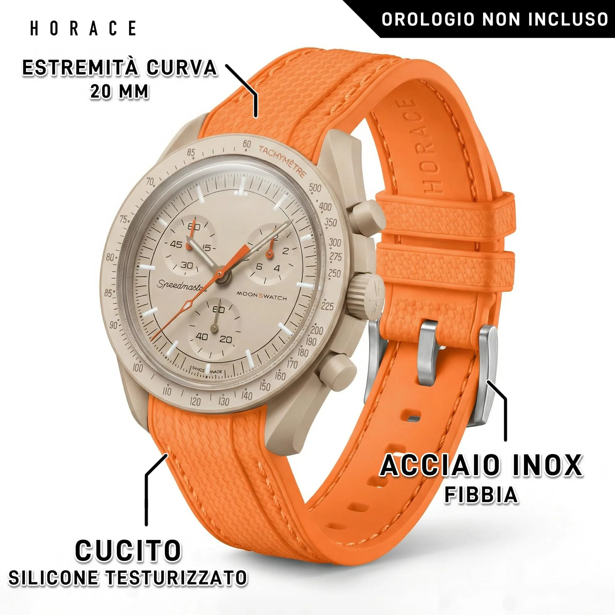 HORACE Cinturino universale per orologio in silicone liquido 20mm – Compatibile Omega x Swatch MoonSwatch – Kit di montaggio incluso (Arancio/Cuciture Arancio) - immagine 2