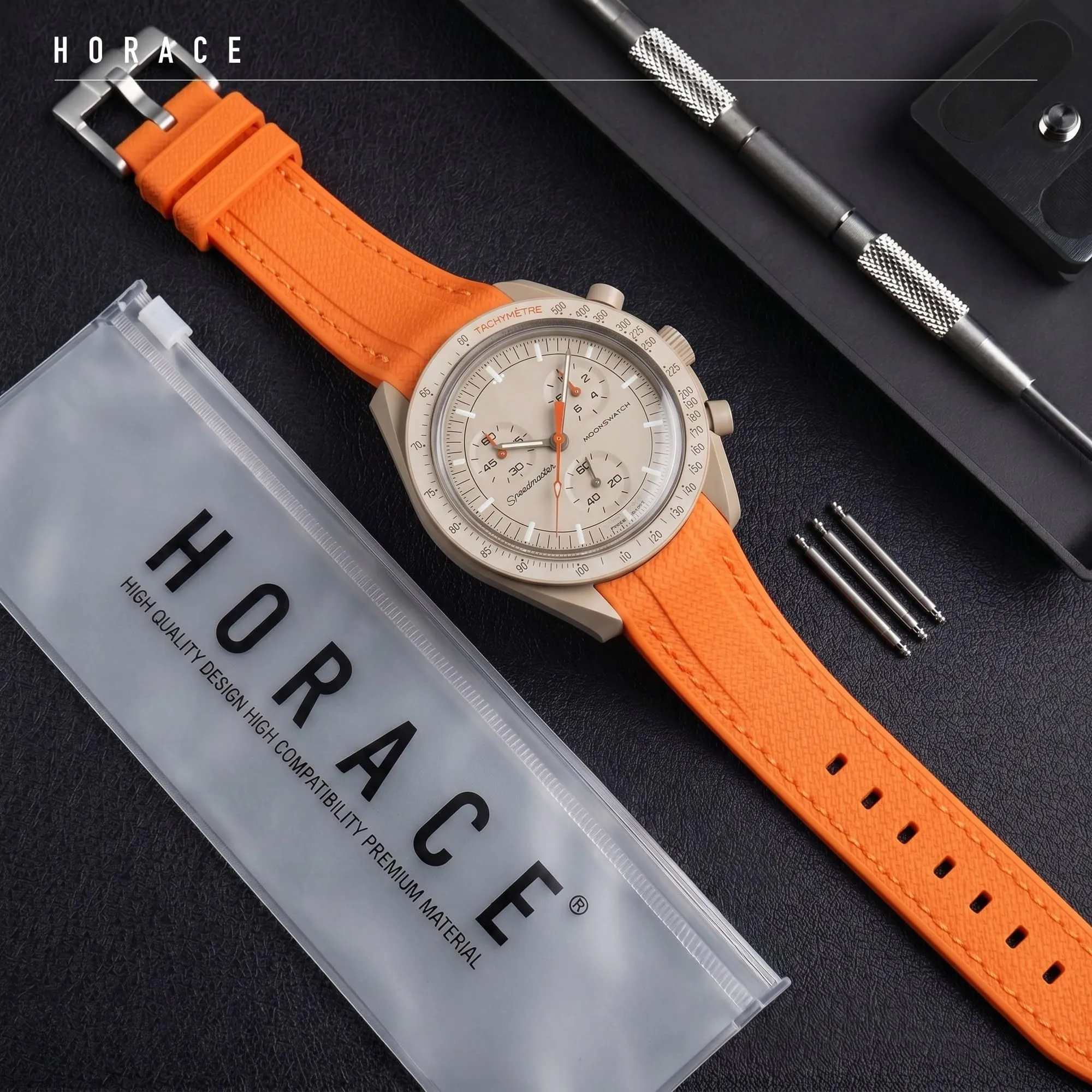 HORACE Cinturino universale per orologio in silicone liquido 20mm – Compatibile Omega x Swatch MoonSwatch – Kit di montaggio incluso (Arancio/Cuciture Arancio) - immagine 3