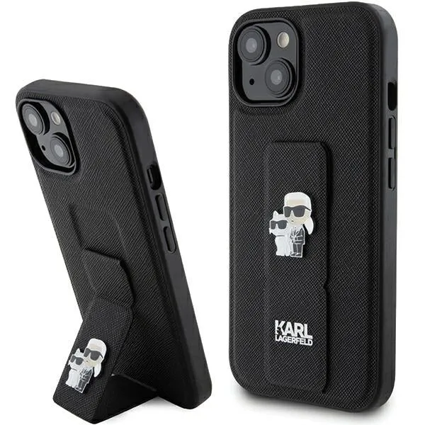 Custodia MagSafe per Apple iPhone 15 Plus / 14 Plus, Karl Lagerfeld, Saffiano Gripstand Karl & Choupette, Nera - immagine 1