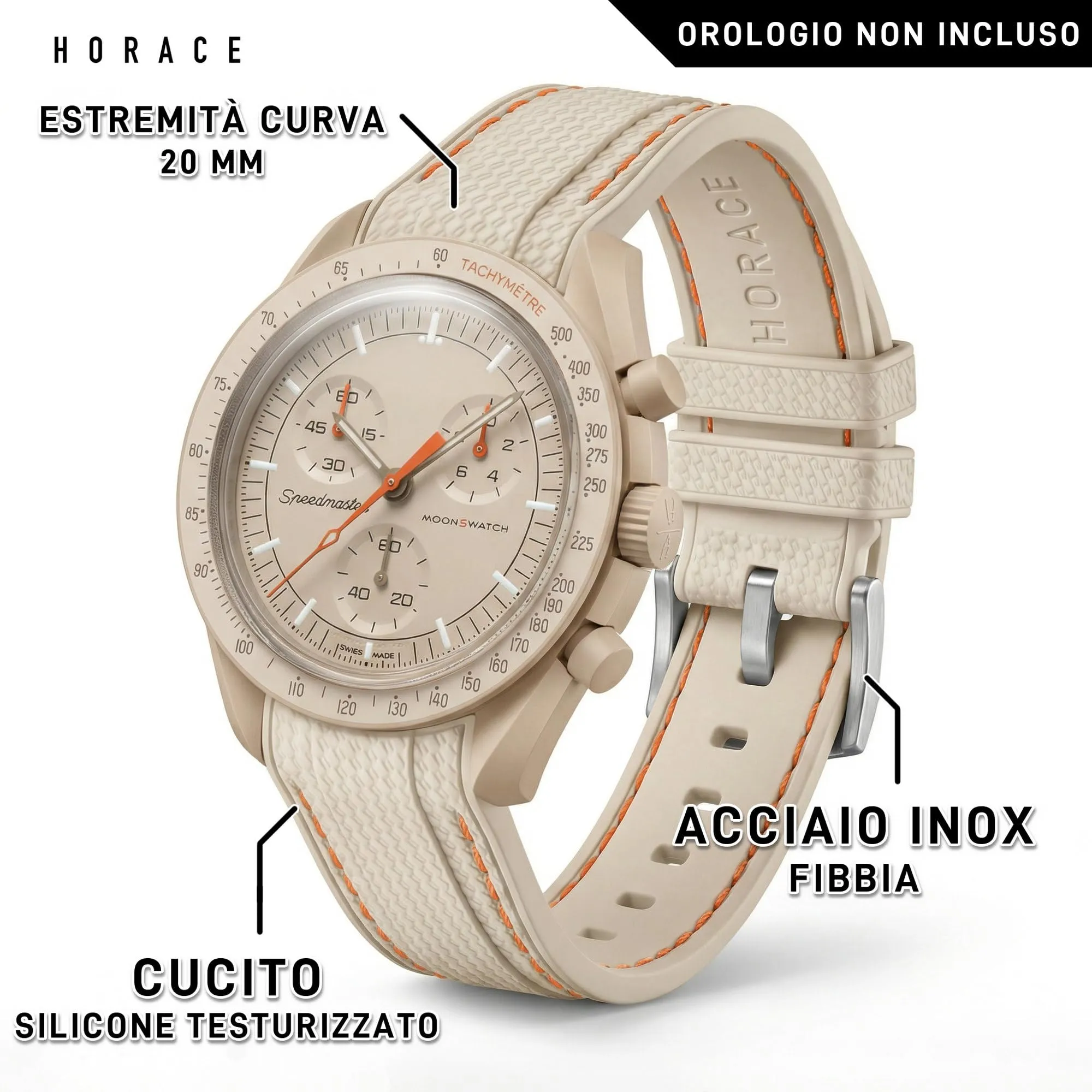 HORACE Cinturino universale per orologio in silicone liquido 20mm – Compatibile Omega x Swatch MoonSwatch – Kit di montaggio incluso (Beige/Cucitura Arancione) - immagine 2