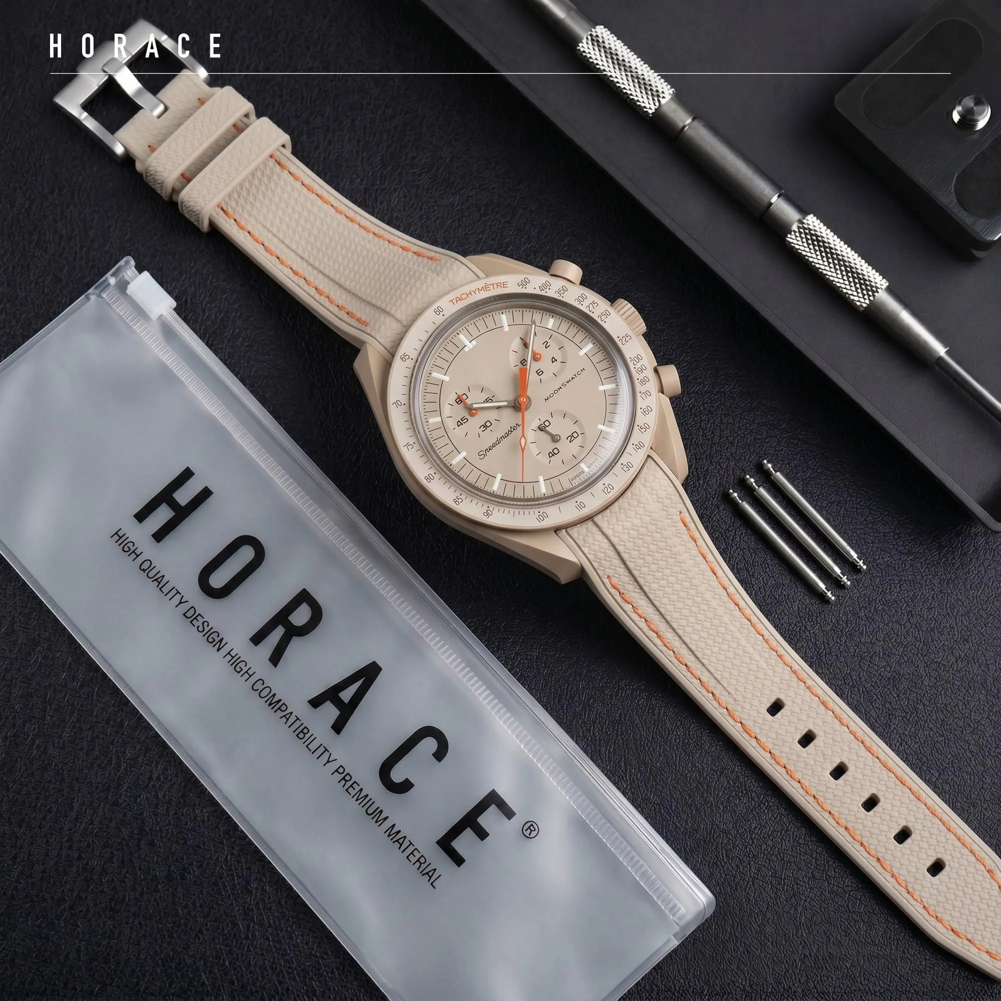 HORACE Cinturino universale per orologio in silicone liquido 20mm – Compatibile Omega x Swatch MoonSwatch – Kit di montaggio incluso (Beige/Cucitura Arancione) - immagine 3