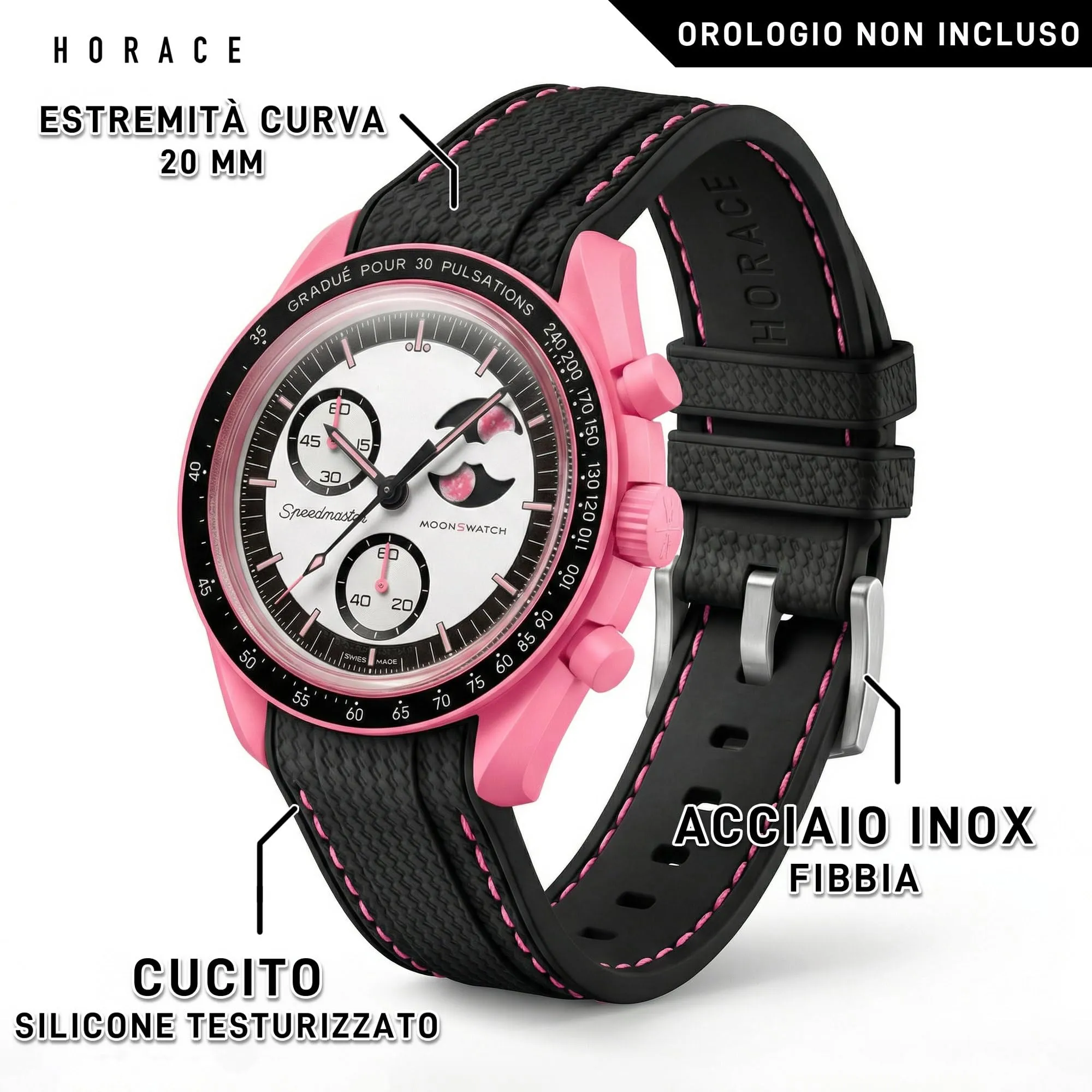 HORACE Cinturino universale per orologio in silicone liquido 20mm – Compatibile Omega x Swatch MoonSwatch – Kit di montaggio incluso (Nero/Cucitura PINK MOON) - immagine 2