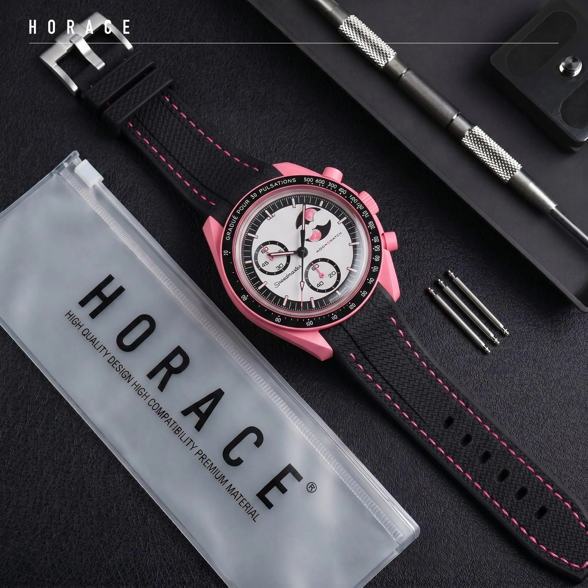 HORACE Cinturino universale per orologio in silicone liquido 20mm – Compatibile Omega x Swatch MoonSwatch – Kit di montaggio incluso (Nero/Cucitura PINK MOON) - immagine 3